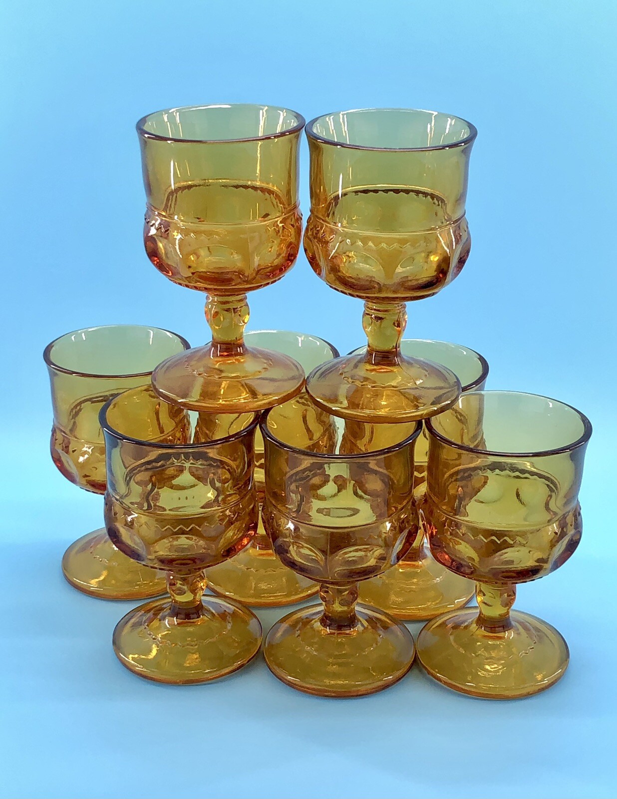 Vintage (8) Indiana Kings Crown Thumbprint Amber Stemmed Wine Glasses - Goblets