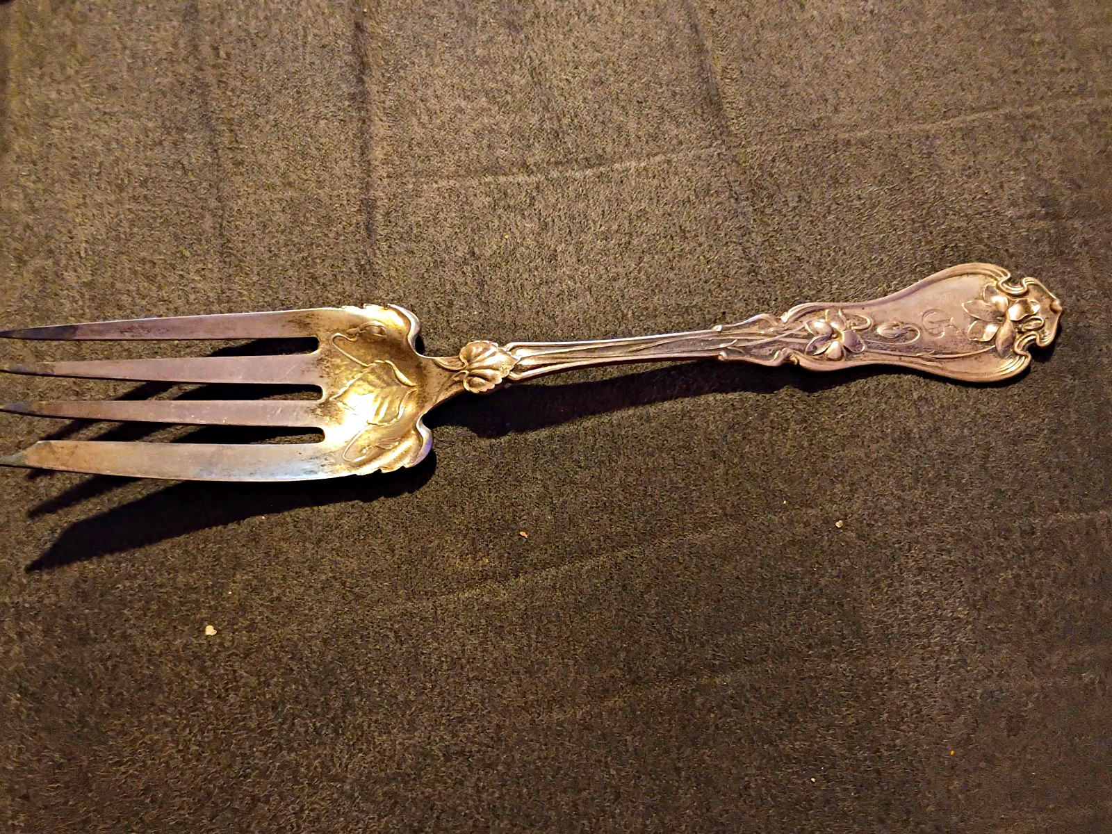 Antique 1905 Whiting Violet Sterling Silver Cold Meat Serving Fork Patina \