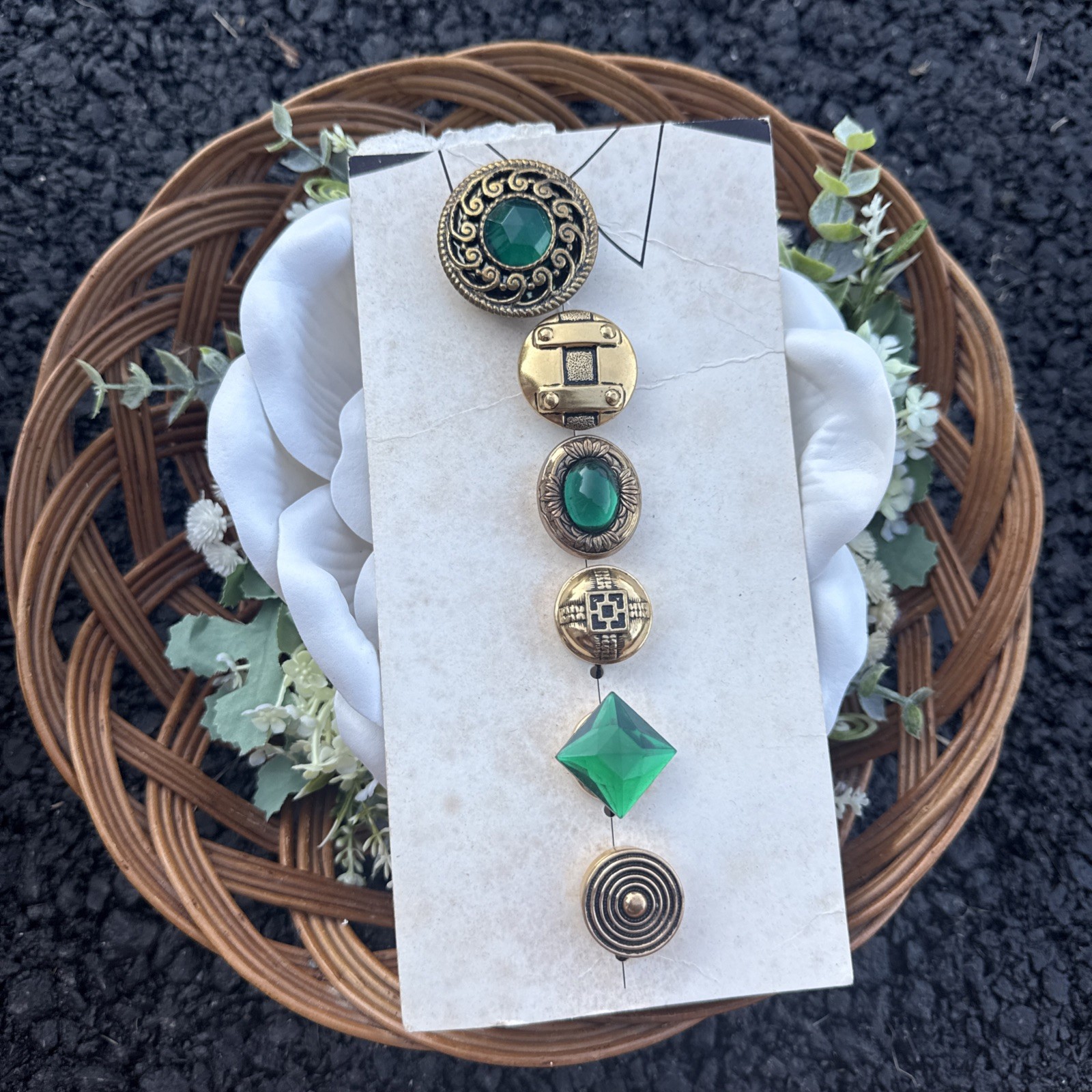 Vintage NONY New York Button Covers Lot 6 Green Gold Art Deco Revival Jewelry