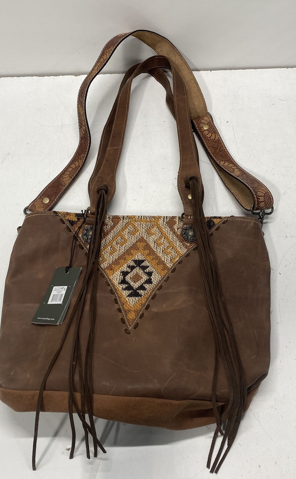 Myra Bag Brown Leather Canvas Flora Tote Bag Fringe Southwestern NWT