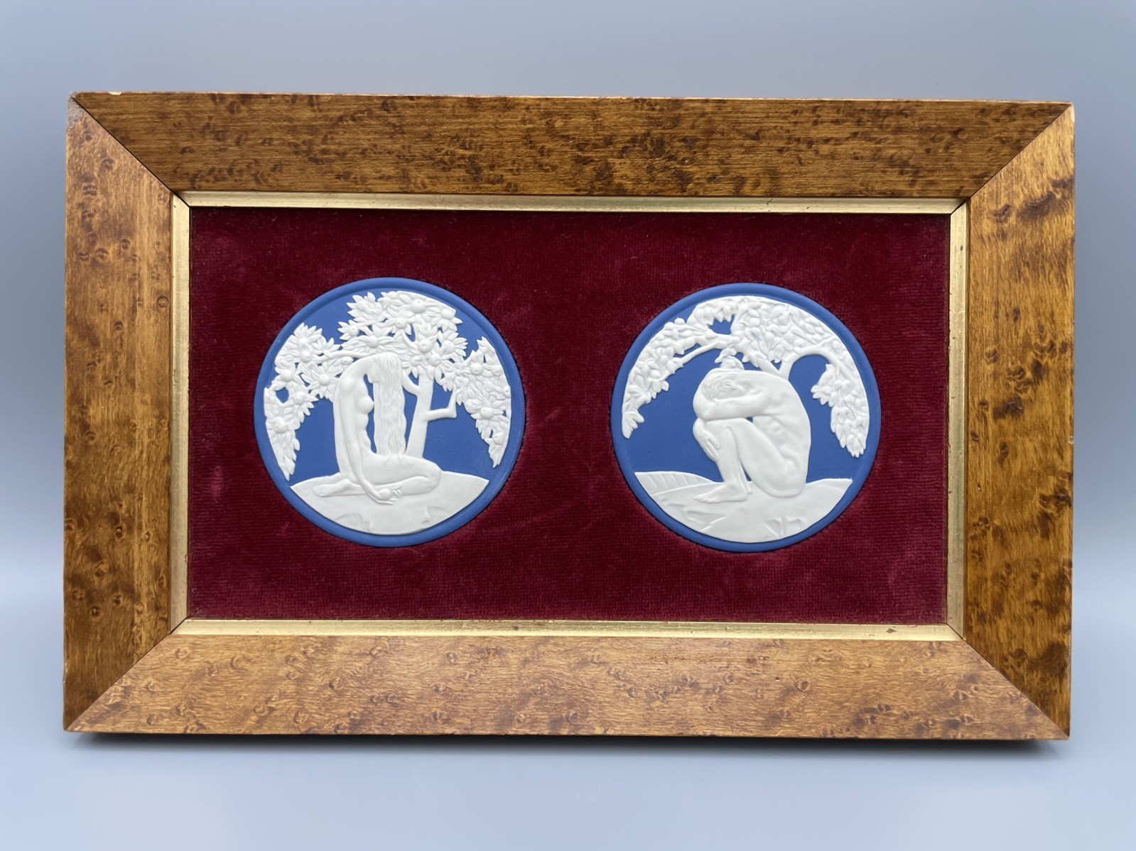 Wedgwood Anna Zinkeisen Blue Jasperware Framed Round Plaques Adam & Eve vintage Wedgwood Anna Zinkeisen Blue Jasperware Framed Round Plaques Adam & Eve vintage