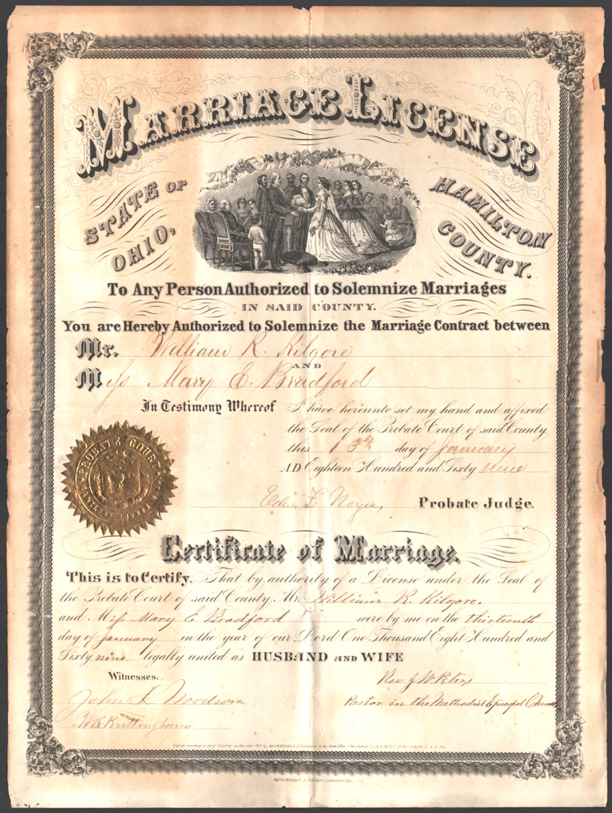 1869 MARRIAGE CERTIFICATE antique wedding legal document HAMILTON COUNTY, OHIO