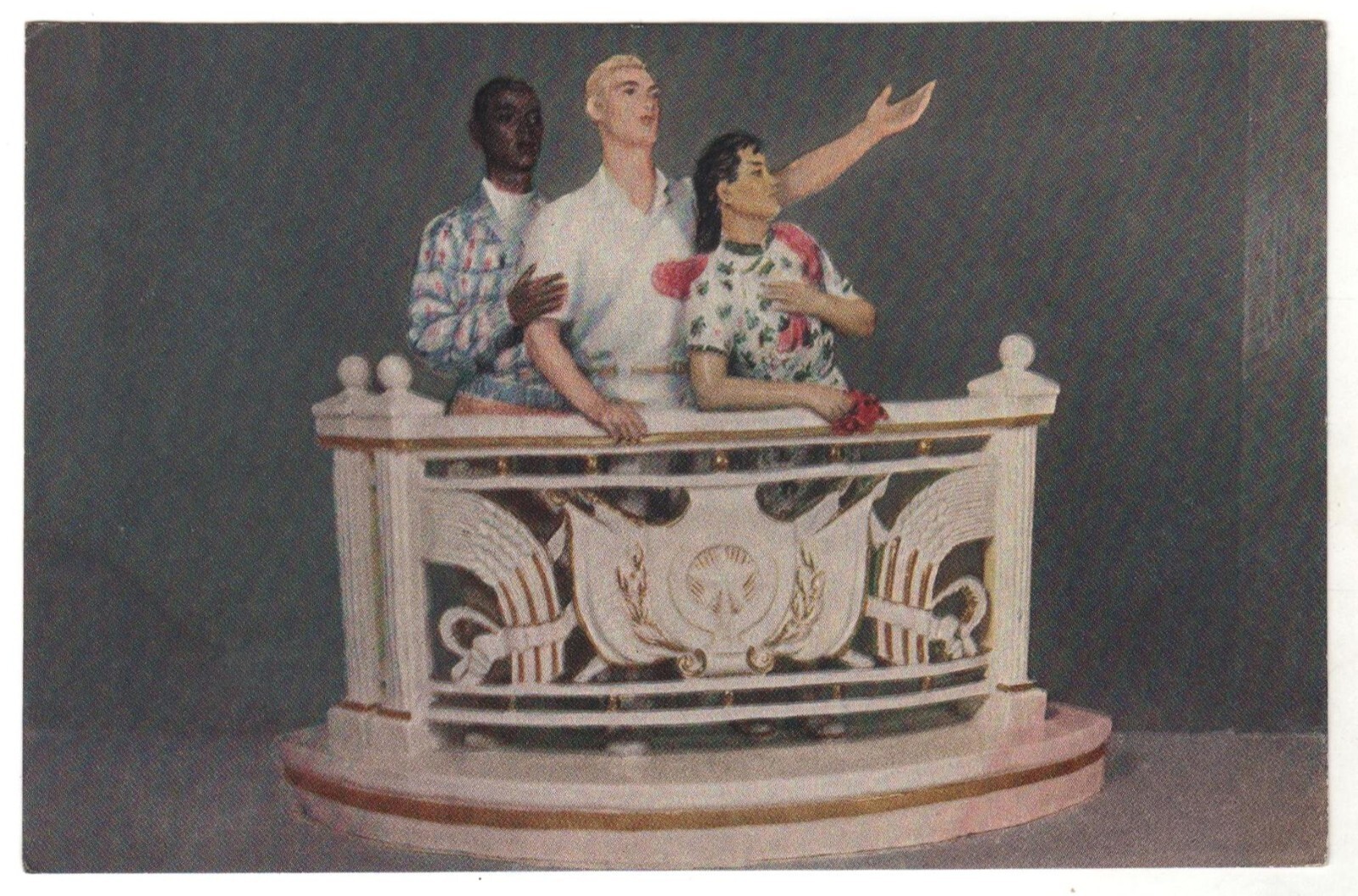 1953 Friendship for Peace 3 races Figurine Porcelain Russian POSTCARD Old