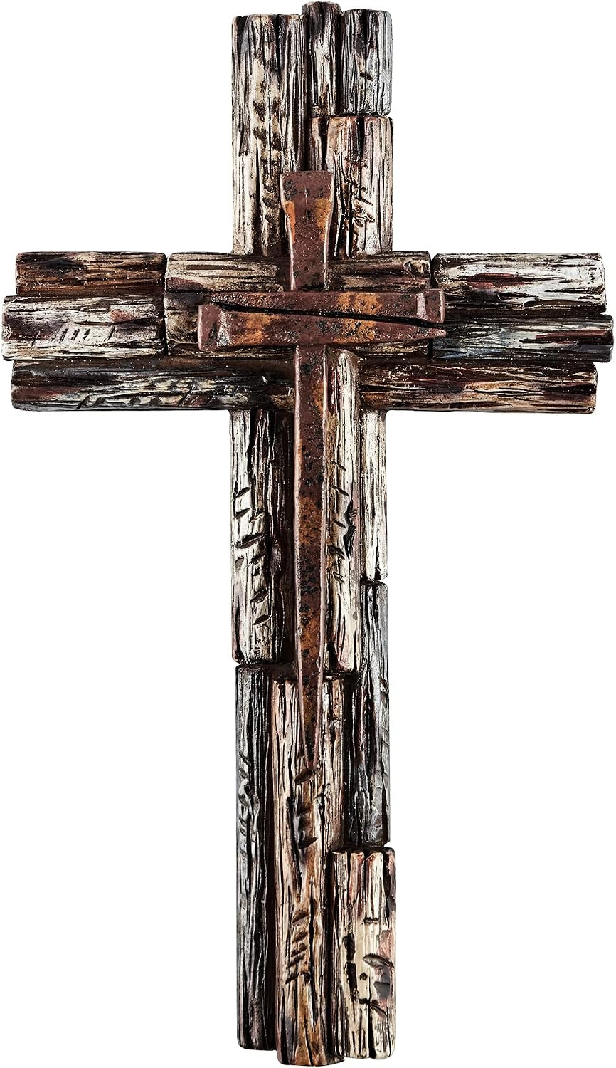 Eagrafts Rustic Decorative Layered Wood Like Resin Wall Cross With Faux Iron ...