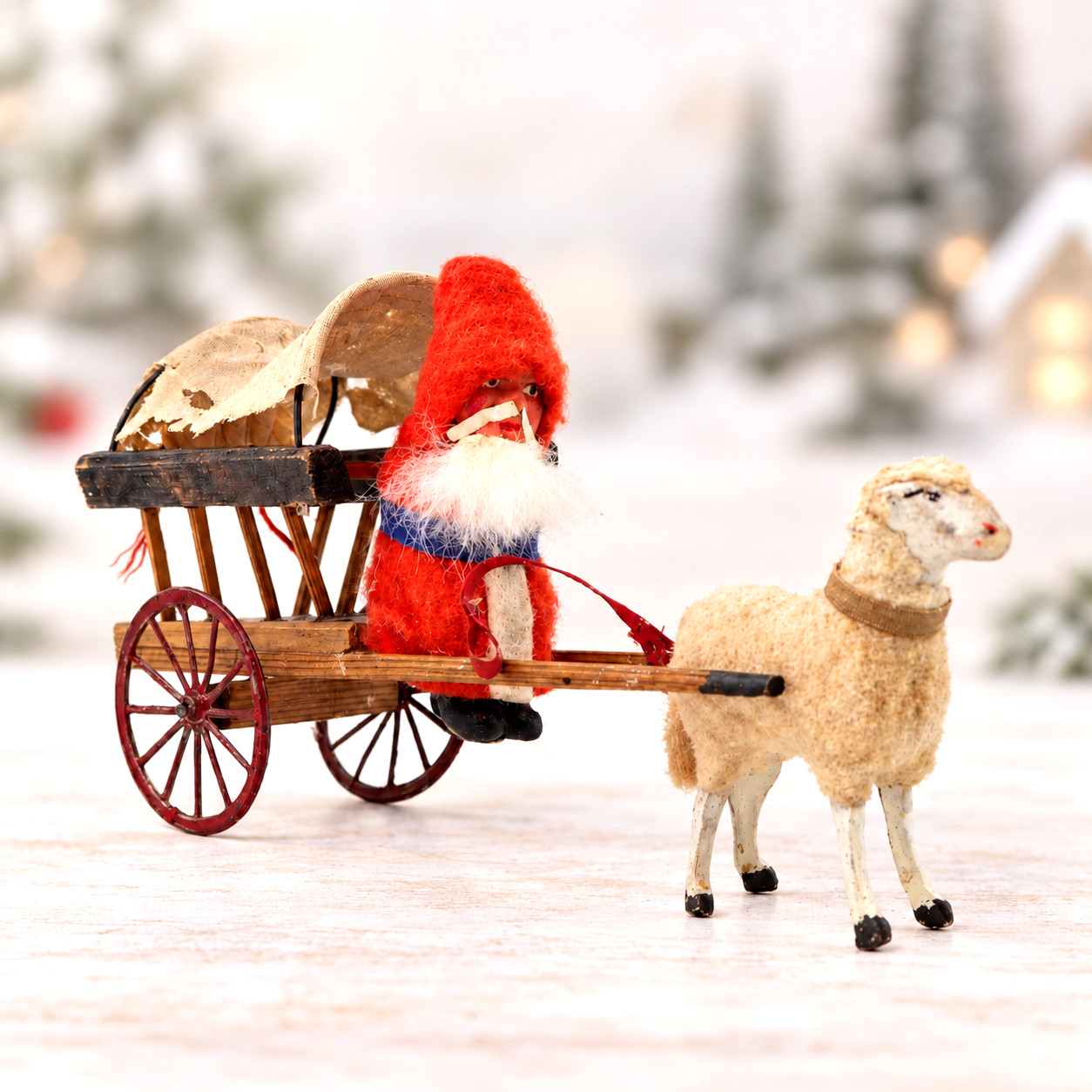Antique Putz German Santa Wagon Stick Leg Sheep vintage Christmas Clay Face 8\