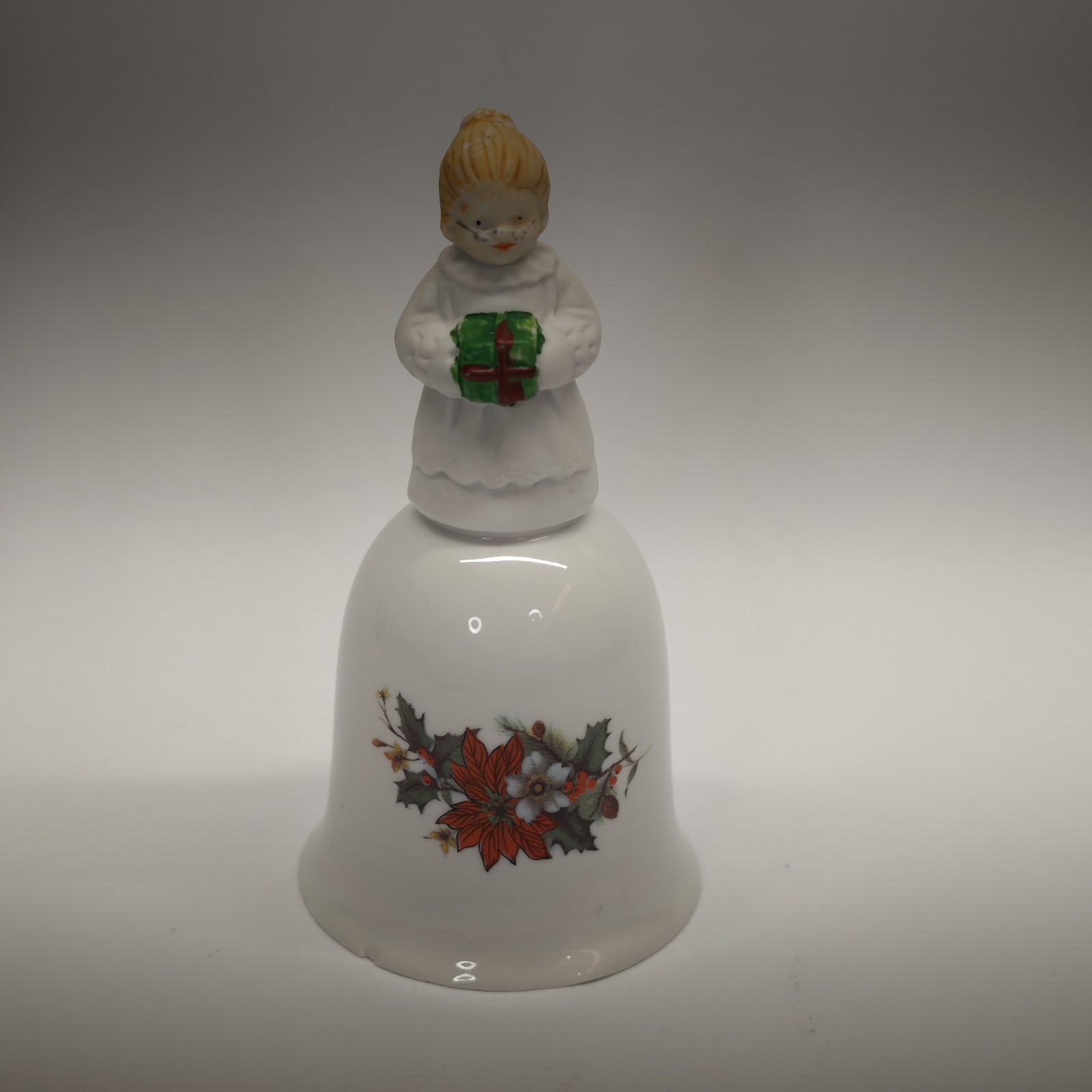 1988 Christmas Dinner Bell Porcelain Girl w/ Present Figurine Holiday Bell 4.5\