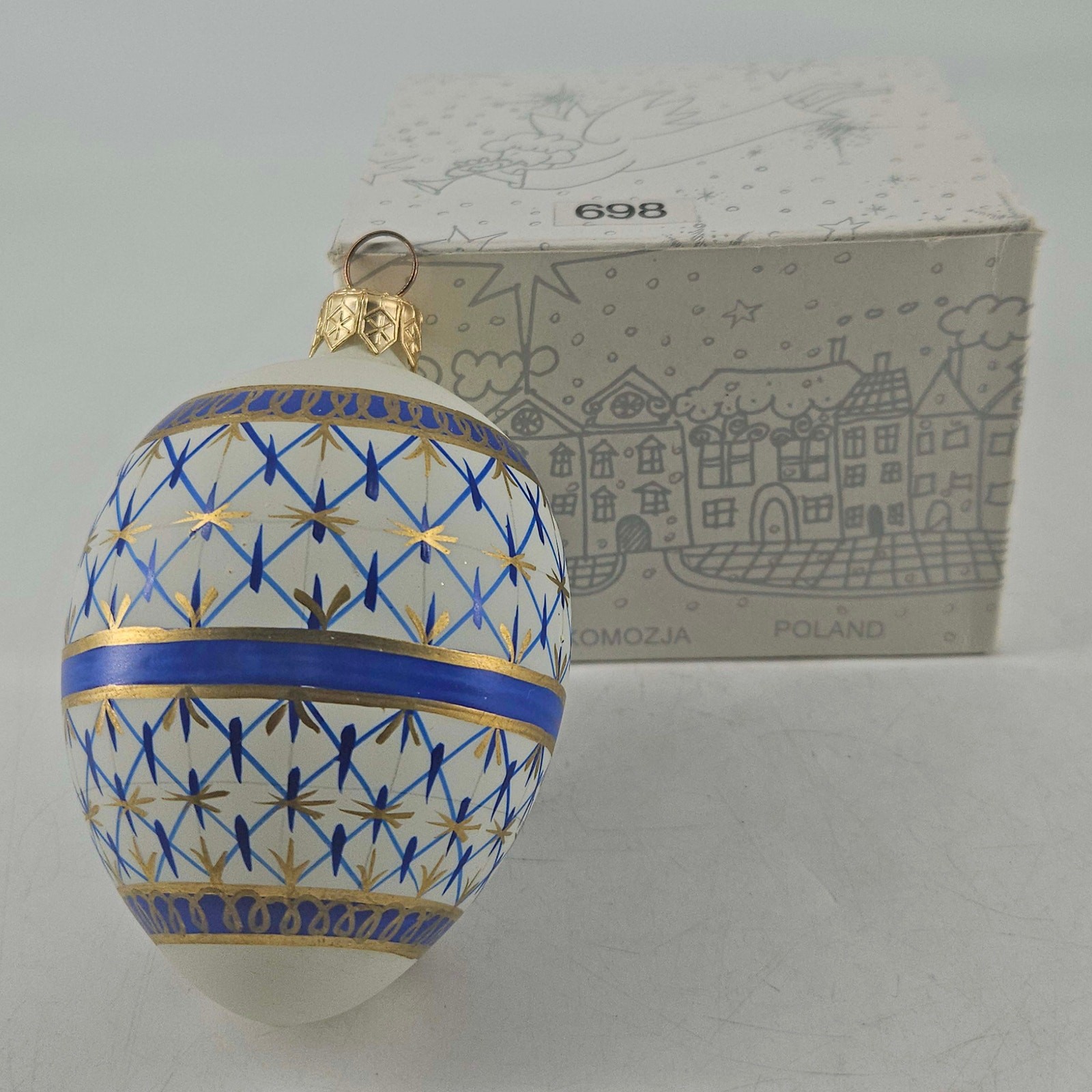 Vintage KOMOZJA Poland blown glass blue gold ornate egg Christmas Ornament