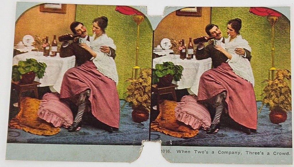 Victorian Stereograph Humorous~When Two's a Company Three's A Crowd~Wine~Date