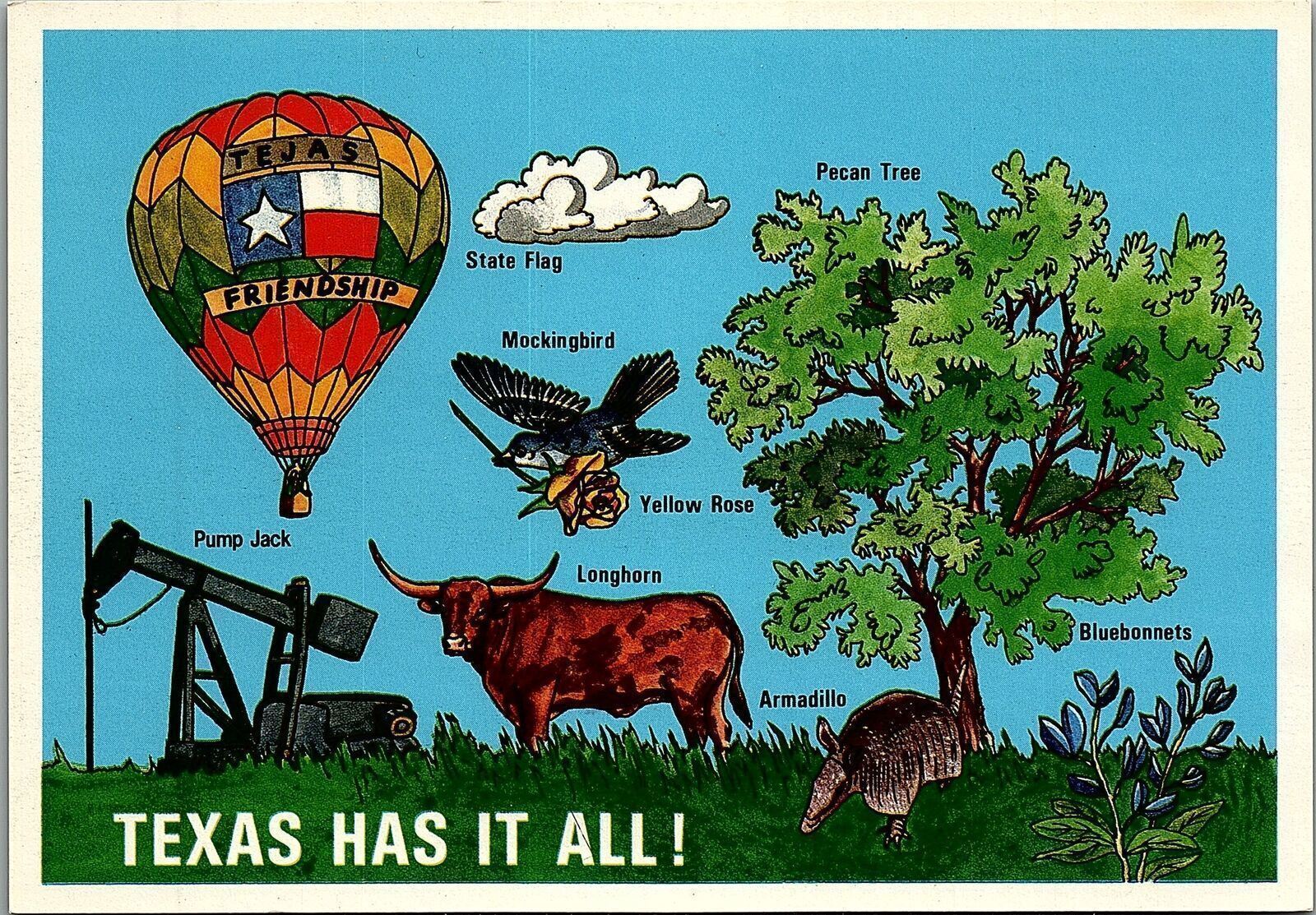 VINTAGE TEXAS HAS IT ALL OIL WELL PECAN TREE LONGHORN MORE POSTCARD 35-97