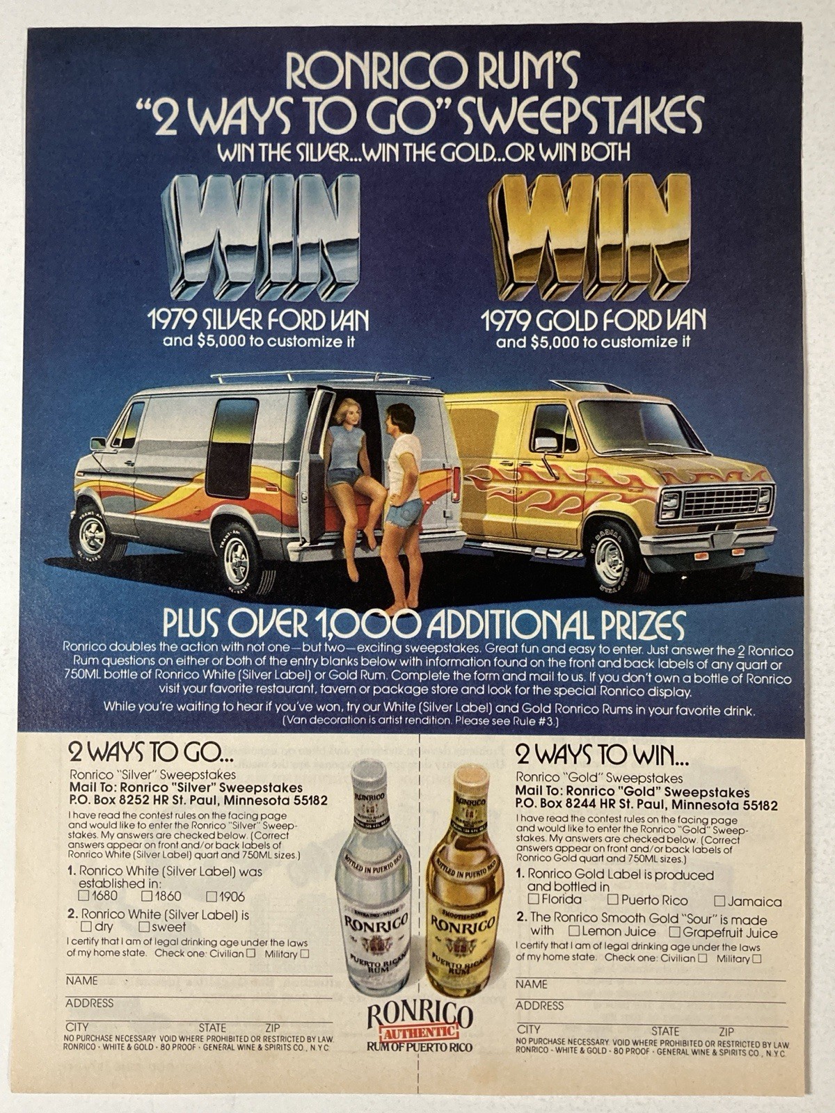 1979 Ford Van Ronrico Rum Sweepstakes Print Ad Silver Gold Win Both