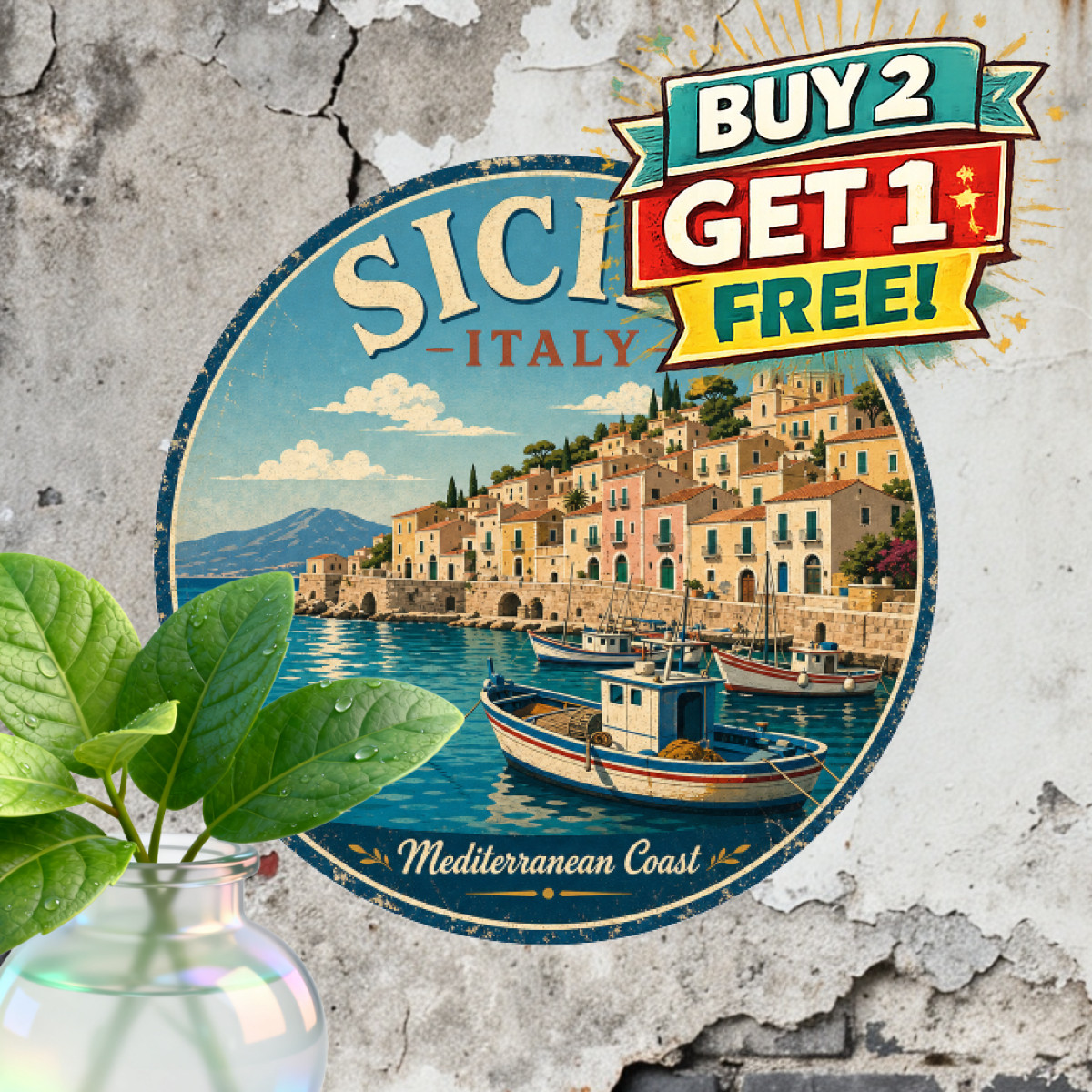 Sicily Italy Coastal Village Mediterranean Scene Round Metal Tin Sign 8x8