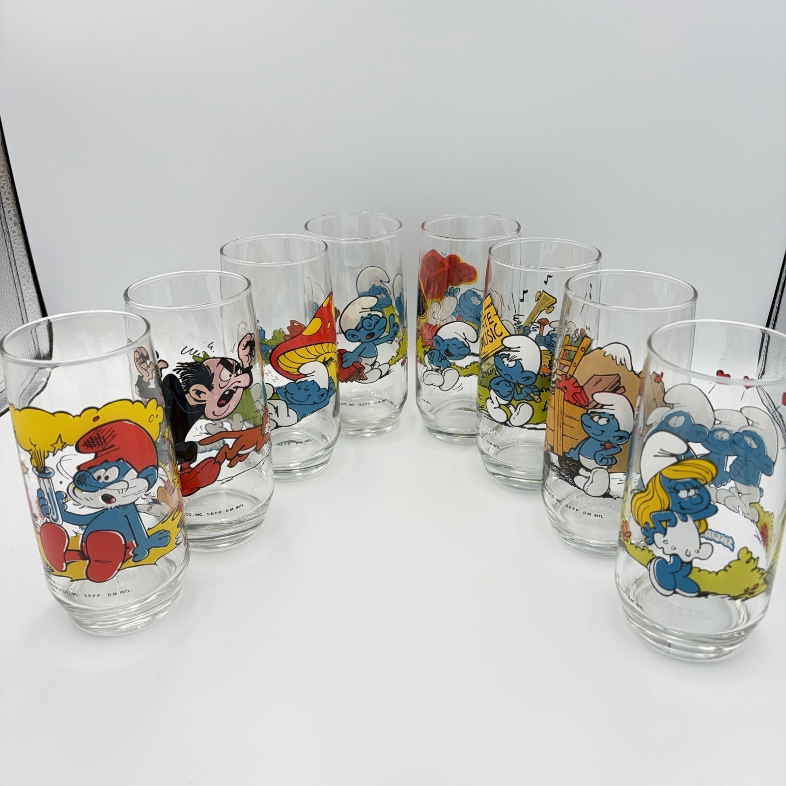 PEYO SMURFS 1982 Collectible Drinking Glasses Set of 8 Different