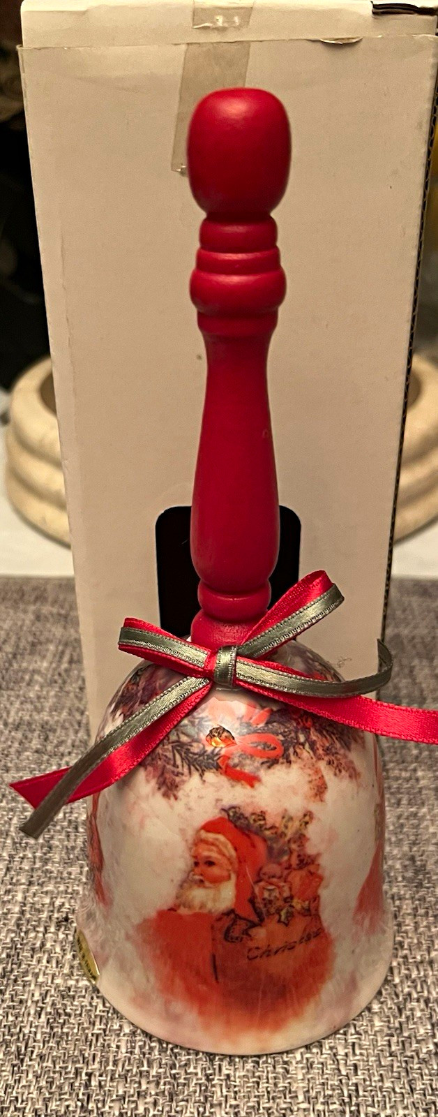 Santa Claus Porcelain Christmas Bell w/ Red Handle & Ribbon, Boxed (1 Pack)