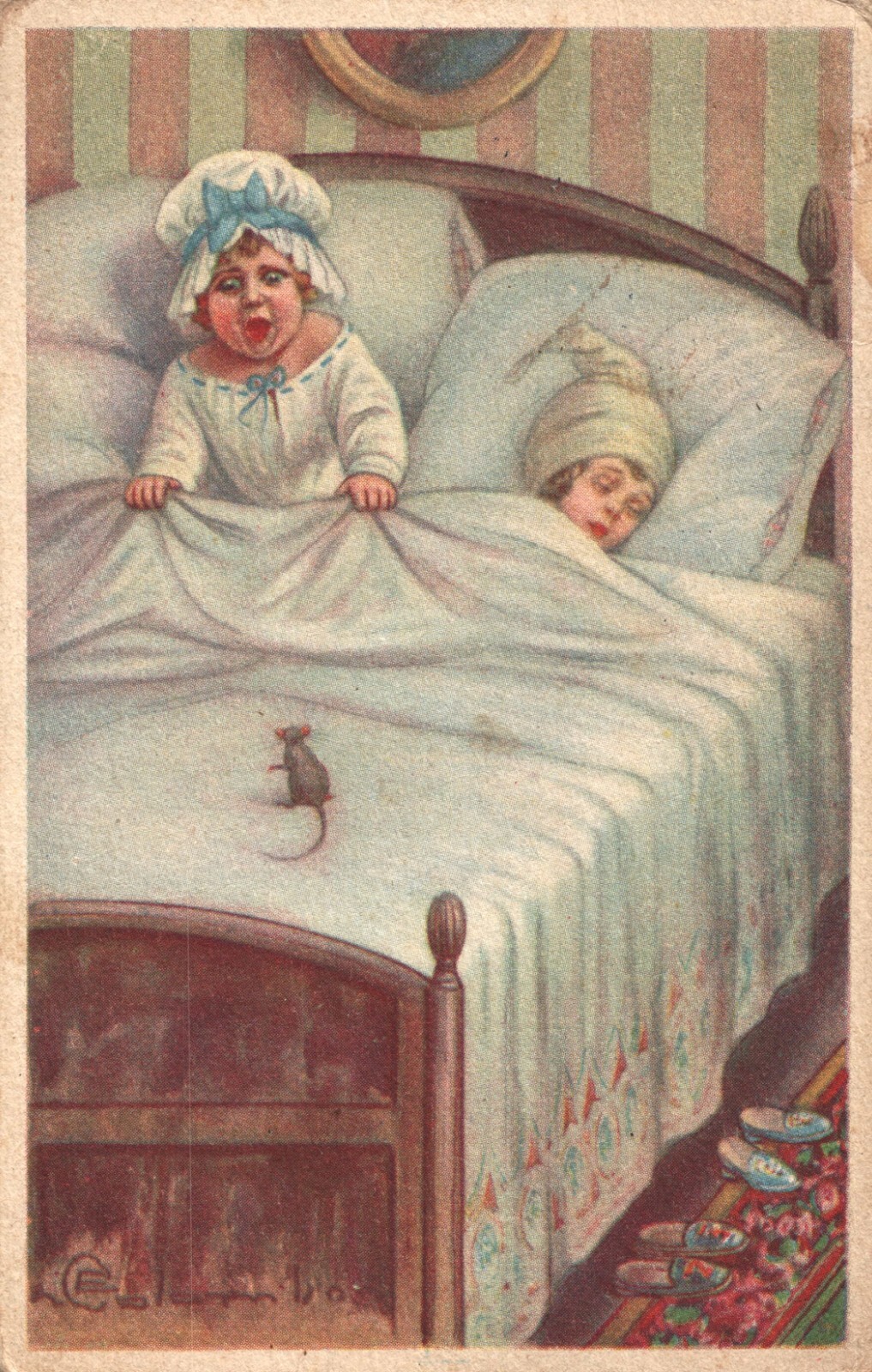 Frightened Child Nocturnal Visit Mouse on Bed Künstler-AK E. Colombo Postcard