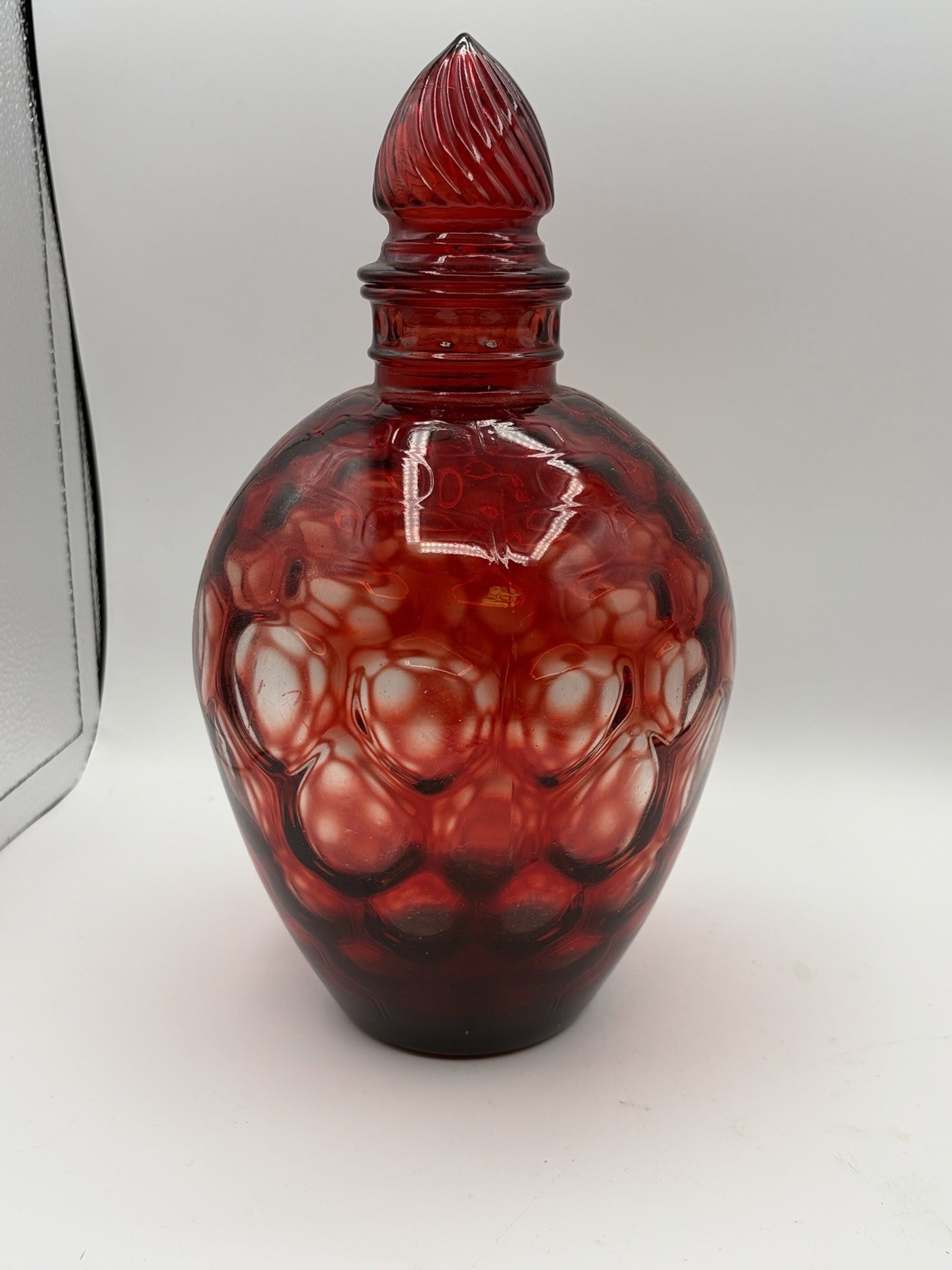 Vintage Wheaton Ruby Red Honeycomb Optical Decanter Bottle w/ Stopper 10” E143