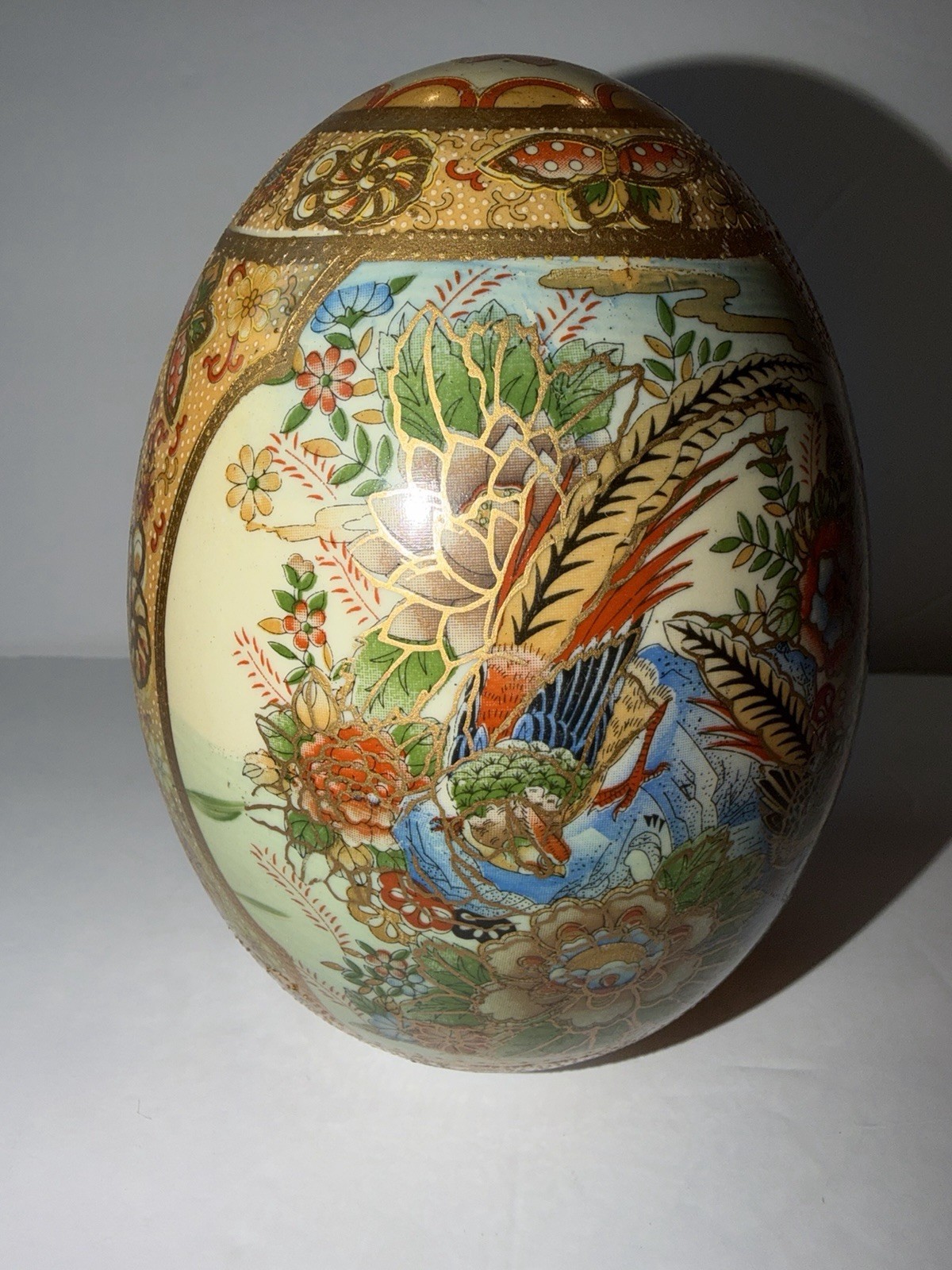 Royal Satsuma Porcelain Egg 6” Geisha Pheasant  Moriage Gold Gild Hand Painted