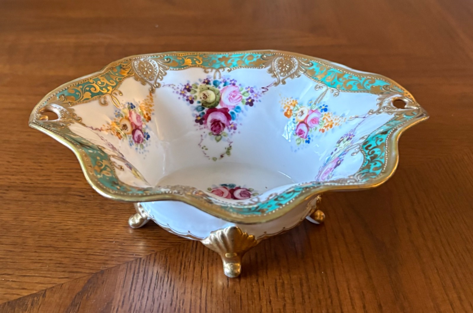 Antique Noritake Nippont Rose Bowl Green RC Wreath Ribbon Mark Gold Moriage