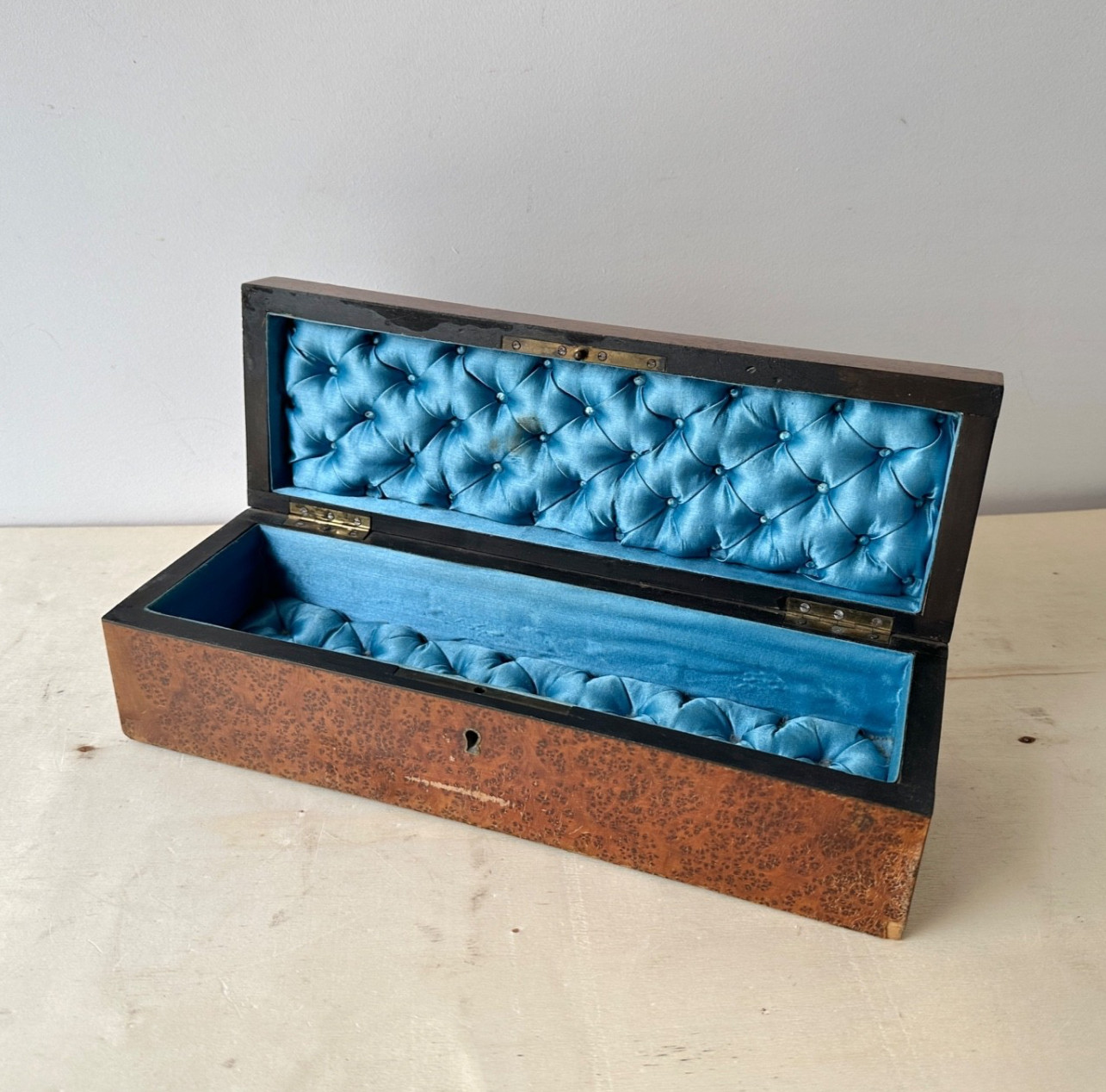 Antique Napoleon III French glove box, burr walnut marquetry casket, tufted silk