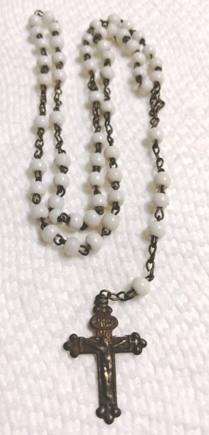 Antique Mid 1800\'s Pocket France Rosary White Prosser Beads Nun Convent Find
