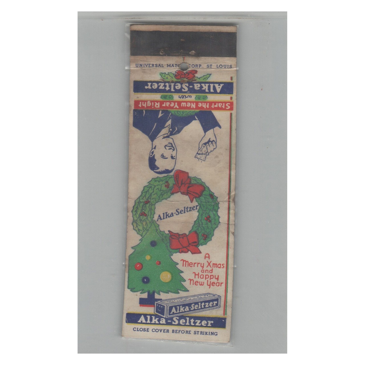 1920s-1930s Universal Match Matchbook Cover Alka-Seltzer Merry Christmas