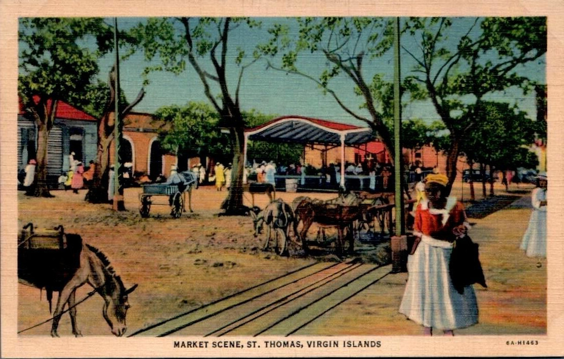 Postcard Market scene St Thomas Virgin Islands Linen UNP 32