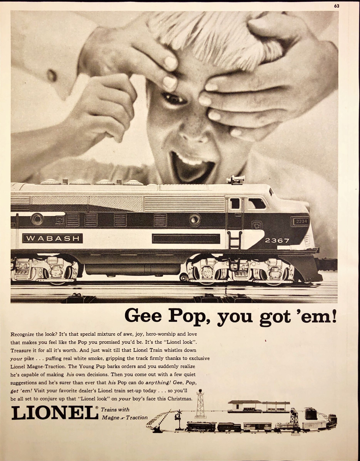 1955 Lionel Train Toy Set Print Ad Young Boy Smiling Wabash Line