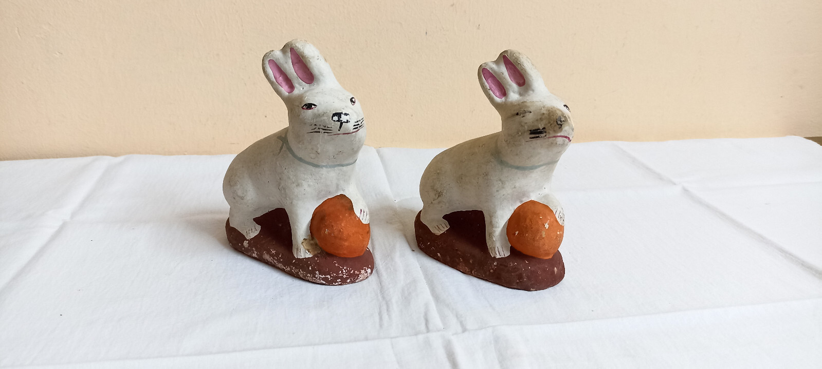 Rabbit Pair Vintage Old Clay Pottery Terracotta Mud Figure Statue Home Decor F68