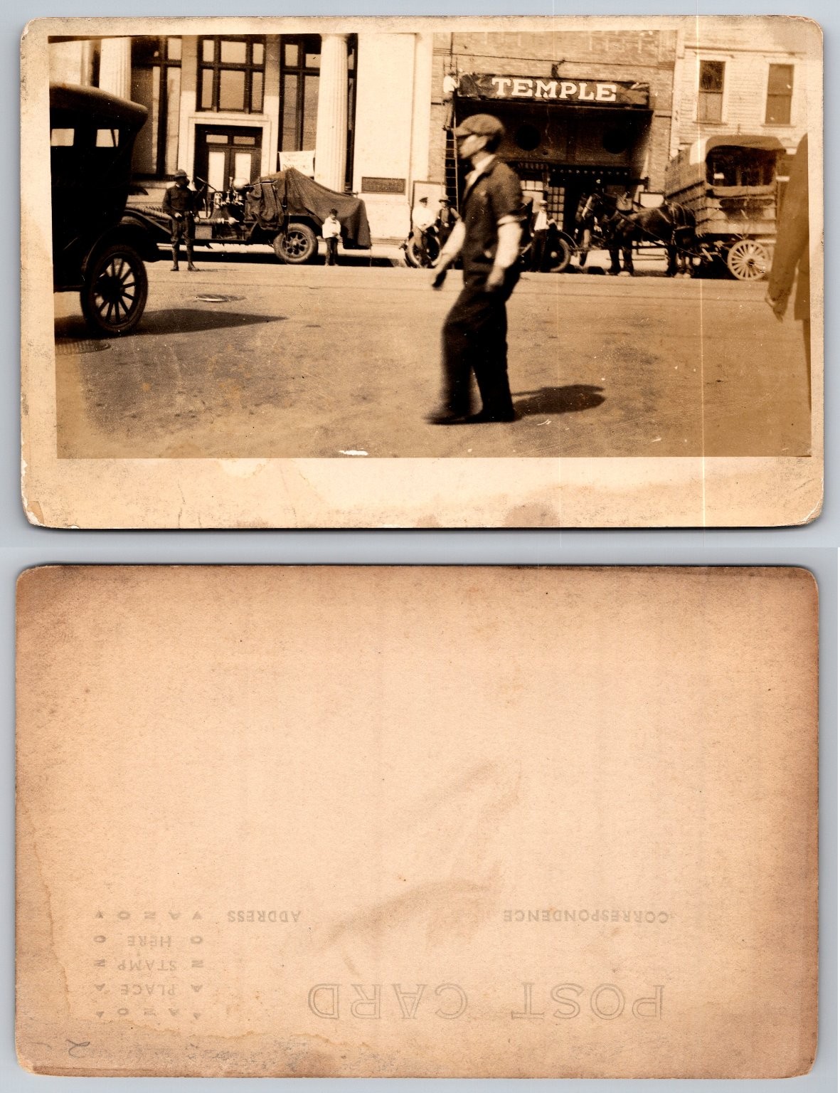 Vintage RPPC Real Photo Postcard Temple Theater Street Scene Horse Carriage