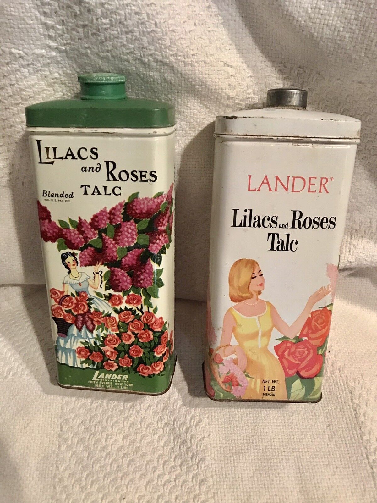 Vintage Lander Lilacs and Roses Talc Powder Advertising Tin Can Set Of (2)