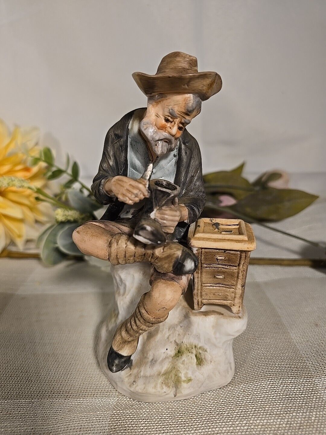 Vintage Porcelain Figurine Vintage Elderly Man Repairing Boot Enesco