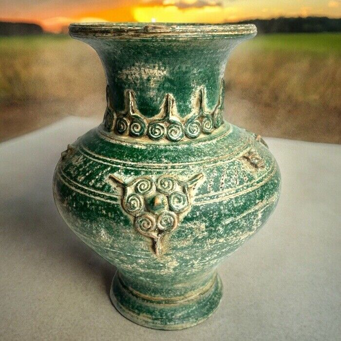 Vintage 1980\'s Green Glazed Pottery Vessel Vase Urn Thailand Raised Motifs