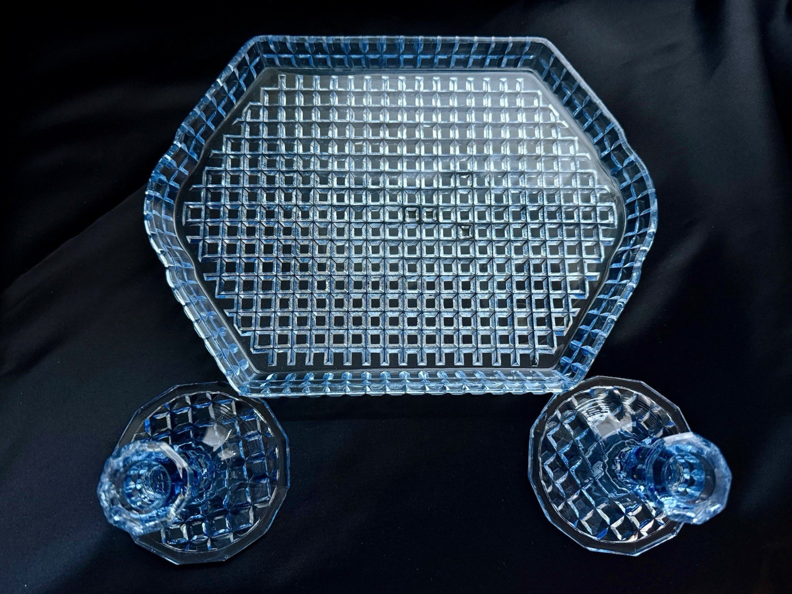 Vintage Blue Glass Waffle Tray & Candlesticks Mid Century Bohemian Vanity Set