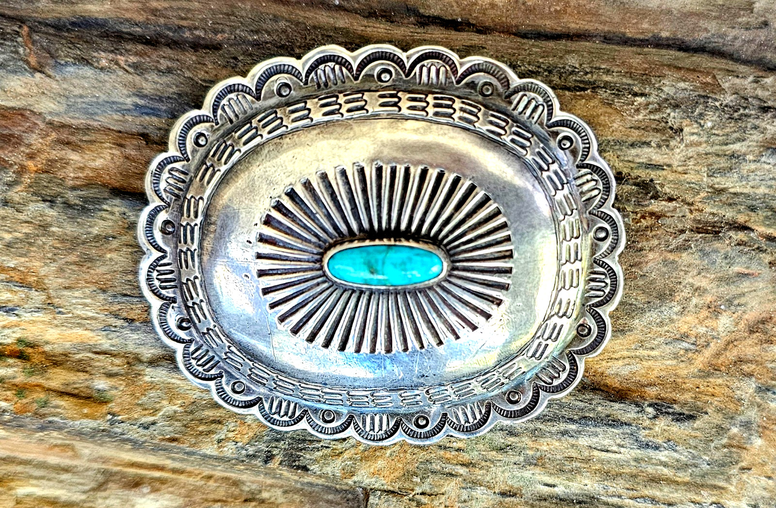 Old Pawn Sterling Silver Turquoise Concho Brooch Navajo Stamp Work BIG Vintage