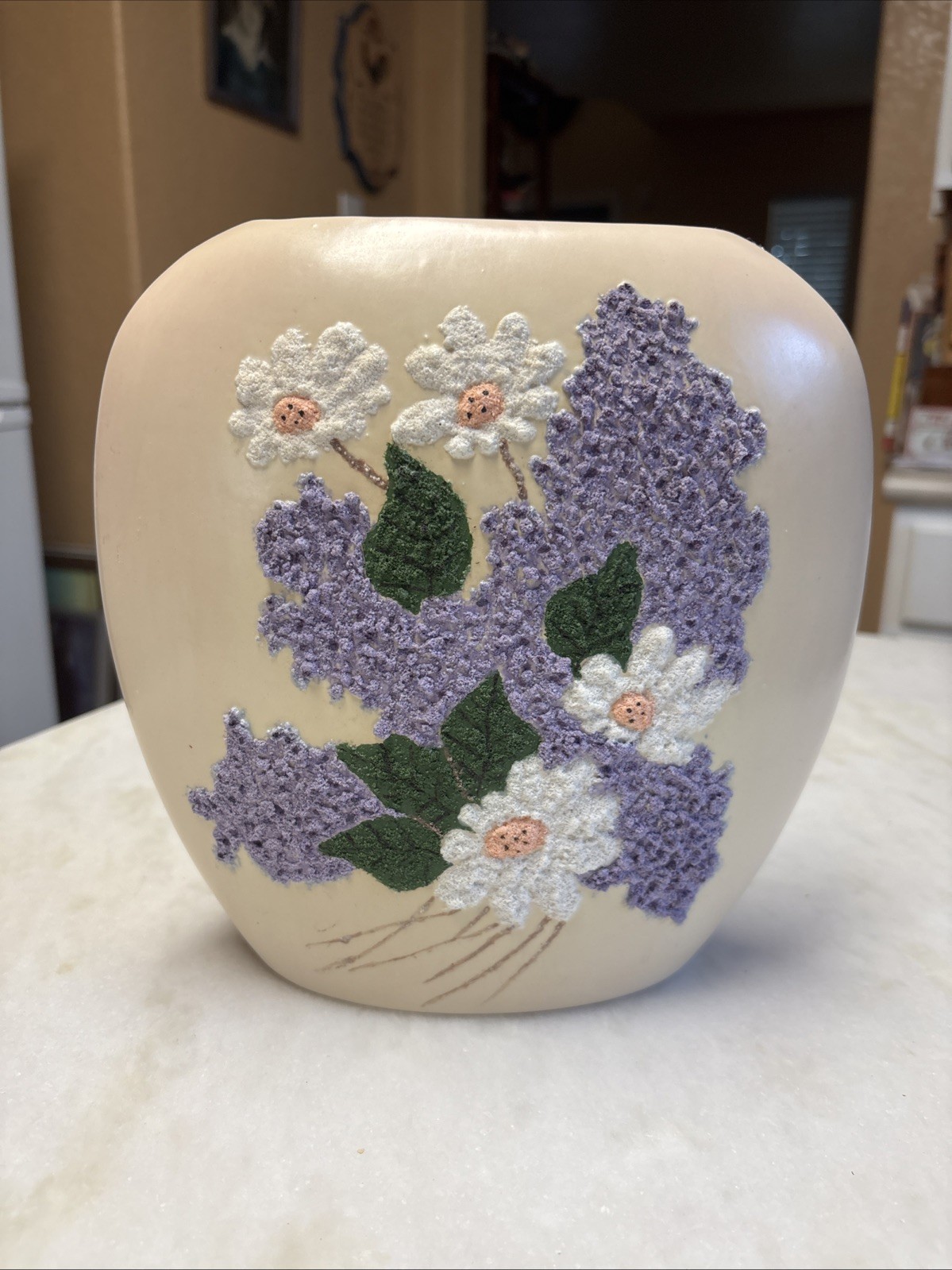 Textured Floral on Cream Ceramic Pillow Vase Signed EB 61 Cottagecore