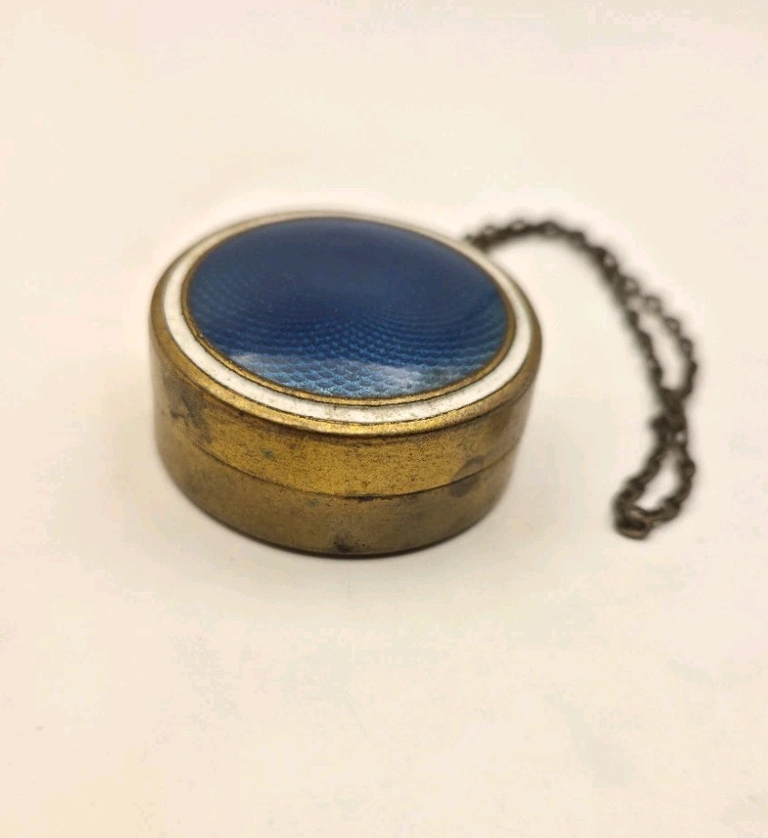 Vintage Guilloche Art Deco Era Compact Brass Blue Enamel White Puff Dance Purse
