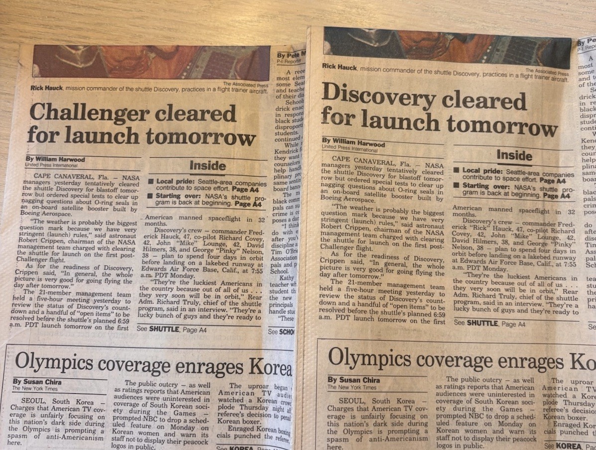 Sept. 28, 1988 2 Seattle P.I. Newspapers  Discovery Launch & Challenger error
