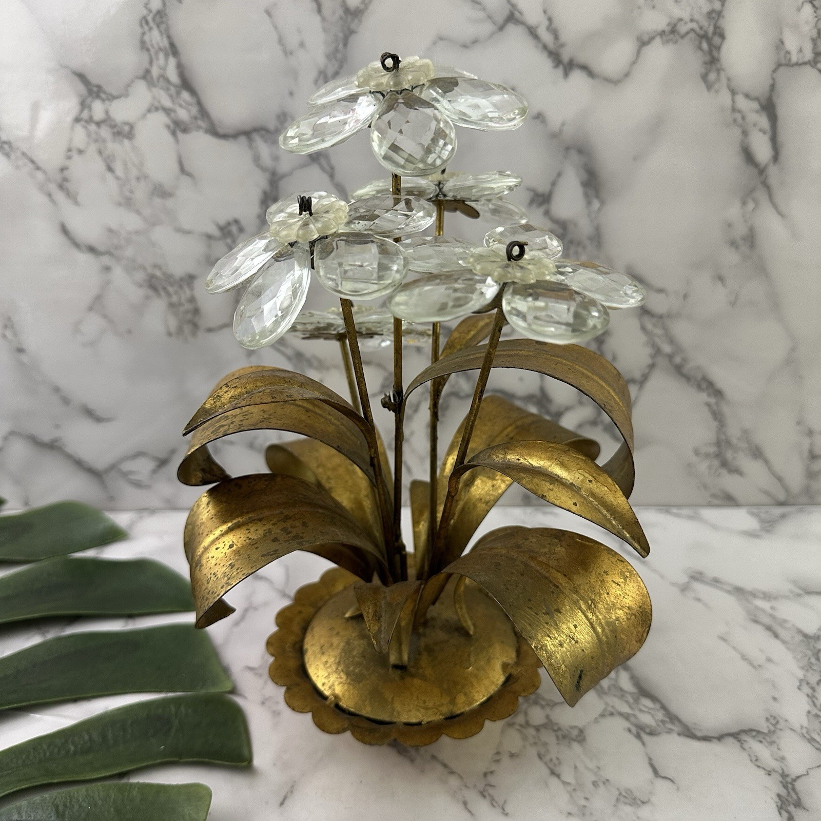Vintage Gilt Crystal Tole Flowers Floral Arrangement Sculpture Italy Gold Metal
