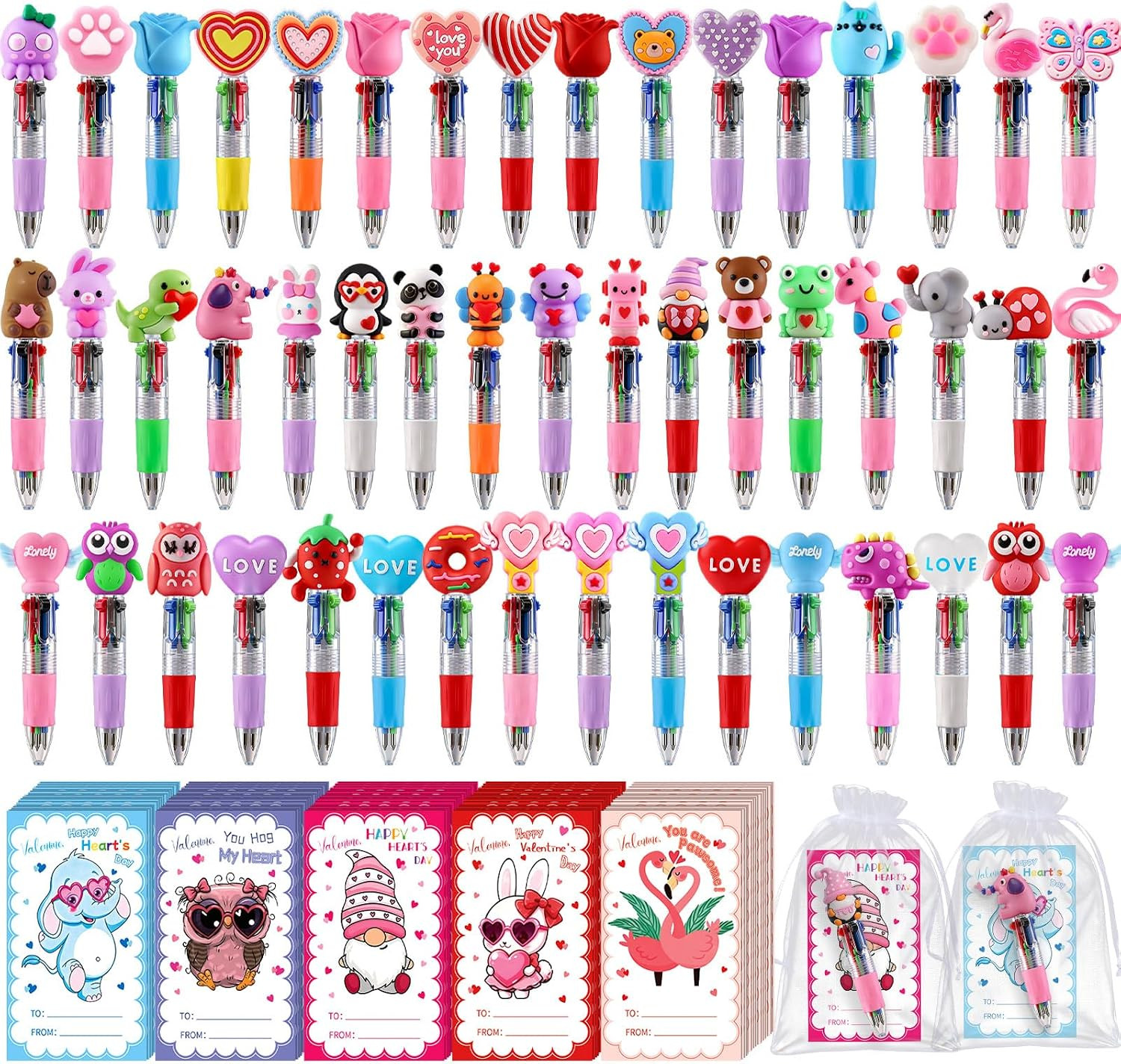 50 Pack Valentines Day 4-in-1 Multicolor Cute Animal Pens with Valentines Cards 50 Pack Valentines Day 4-in-1 Multicolor Cute Animal Pens with Valentines Cards