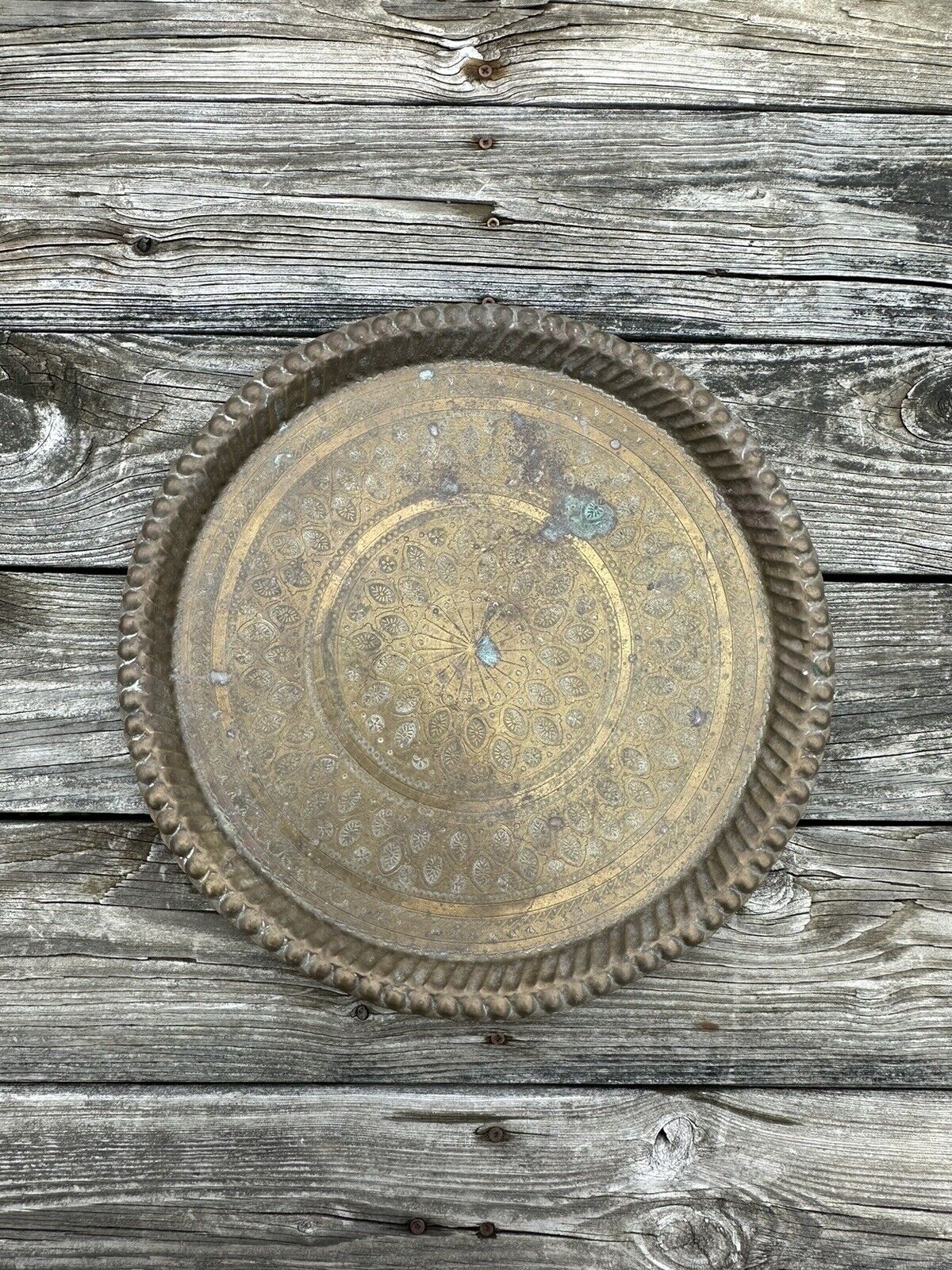 Boho Large 16” Vintage Brass Handcrafted Ornate Engraved Unique Solid Tray