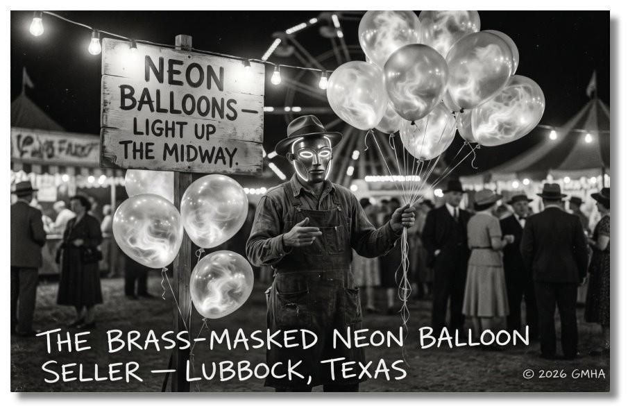 Vintage‑STYLE NEW ART 1930's RPPC-MASKED NEON BALLOON SELLER-LUBBOCK TEXAS-FAUX