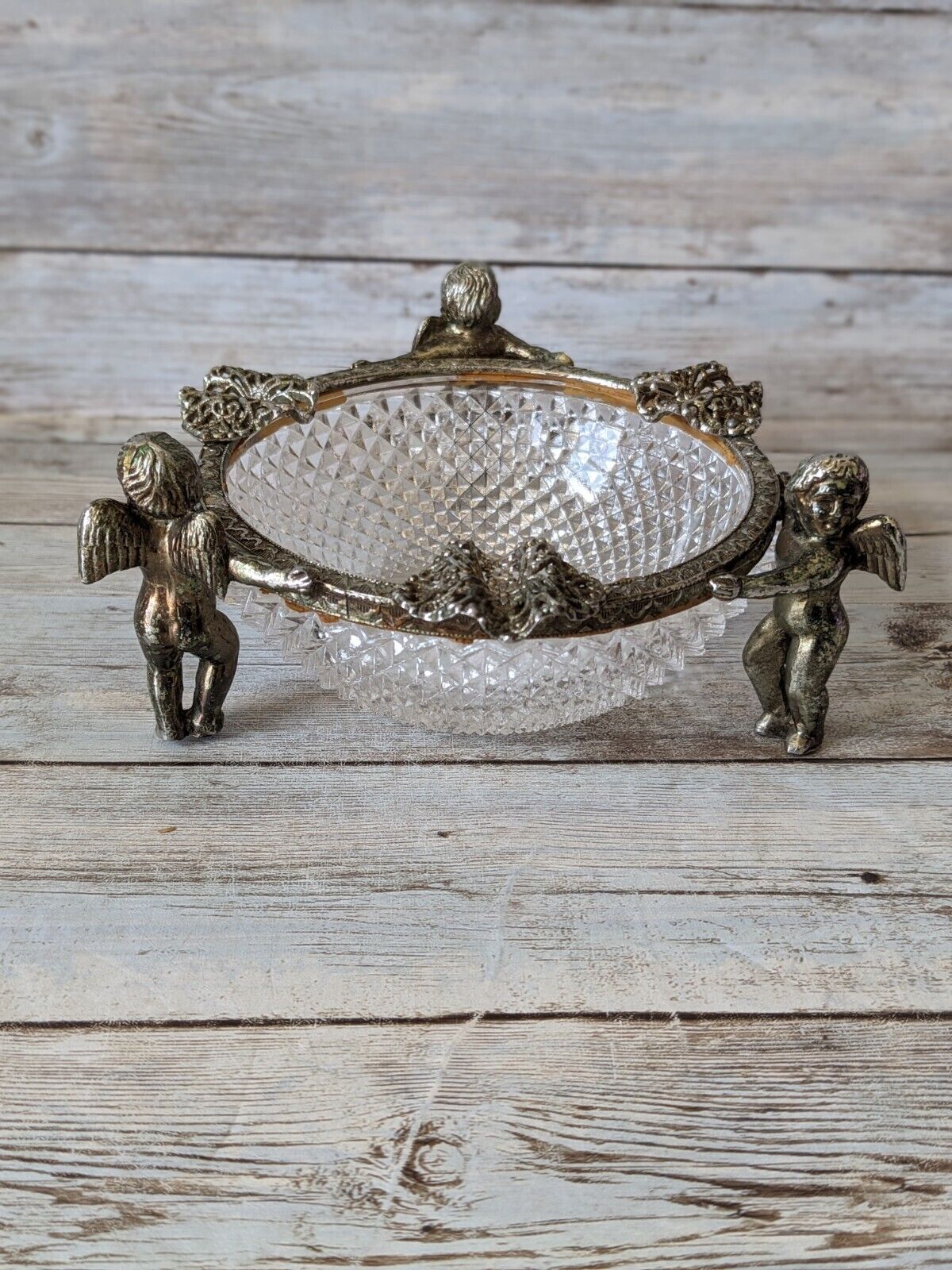 Vintage Cherub Adorned Trinket Dish Diamond Point Glass Hollywood Regency 