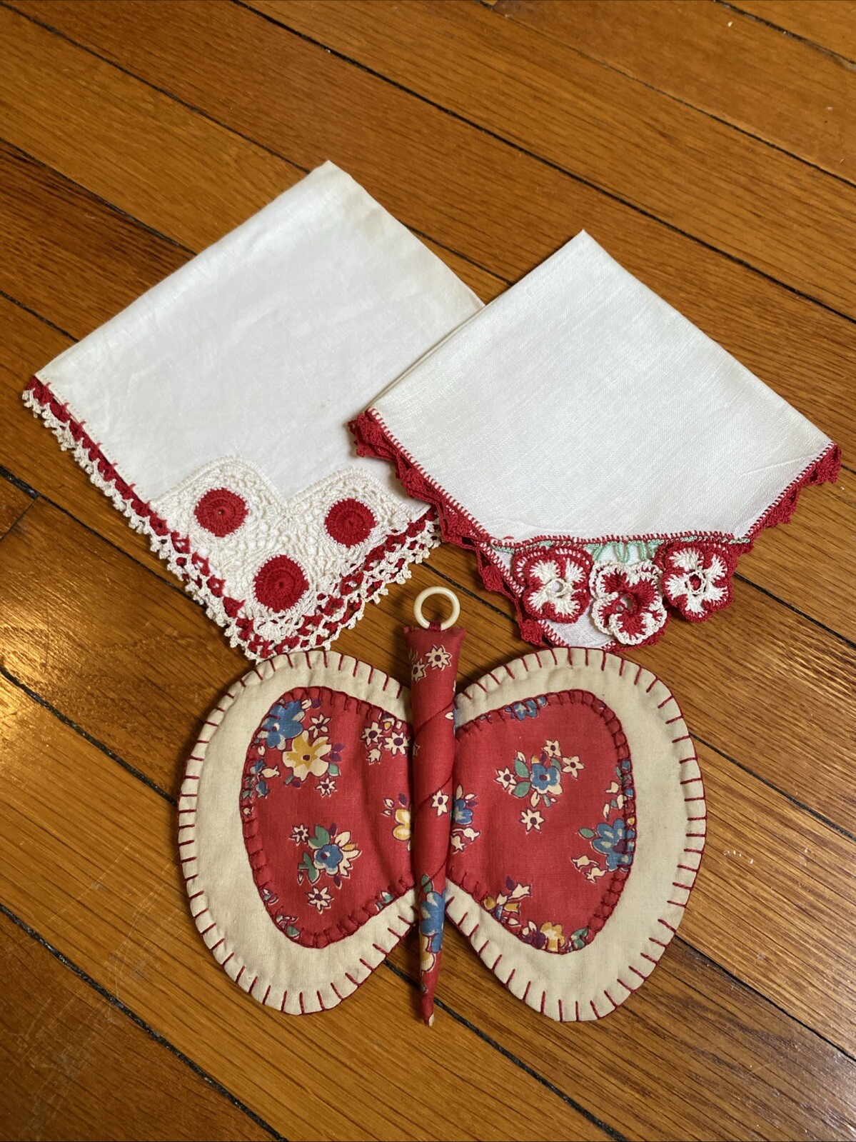 VTG Crocheted Hankies Butterfly Pot Holder Red Floral Edges Red Handmade 1940's