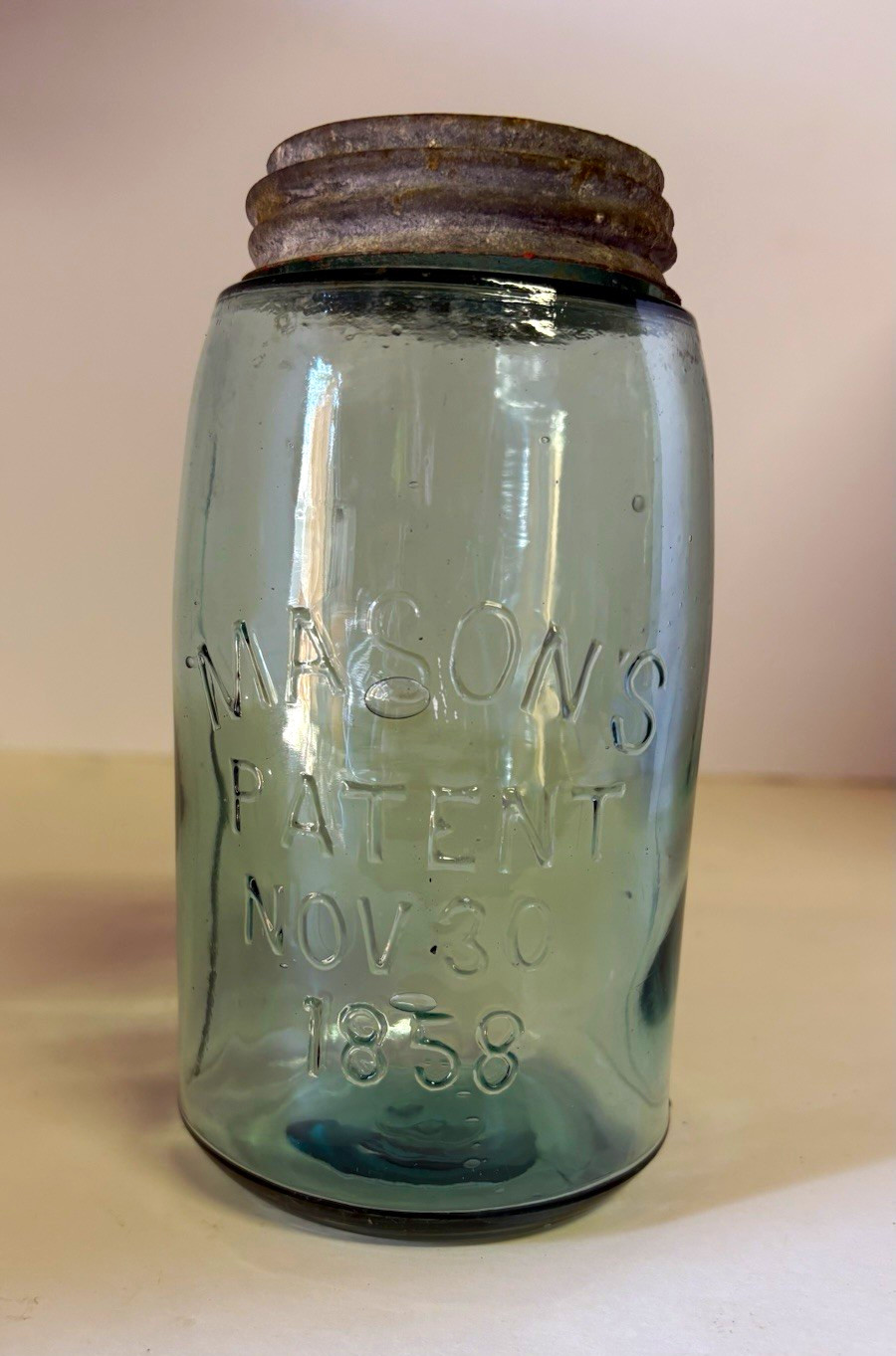 Antique Mason’s Patent Nov 30 1858 Aqua Quart Jar Zinc Ball Lid