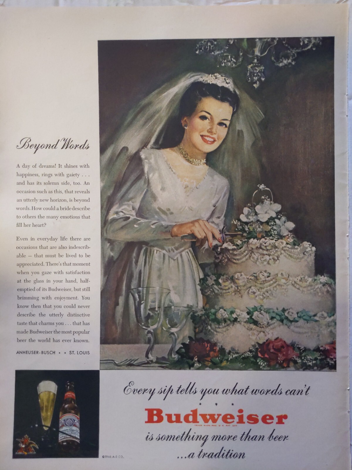 vintage 1946 Budweiser print ad. every sip tells you what words can\'t