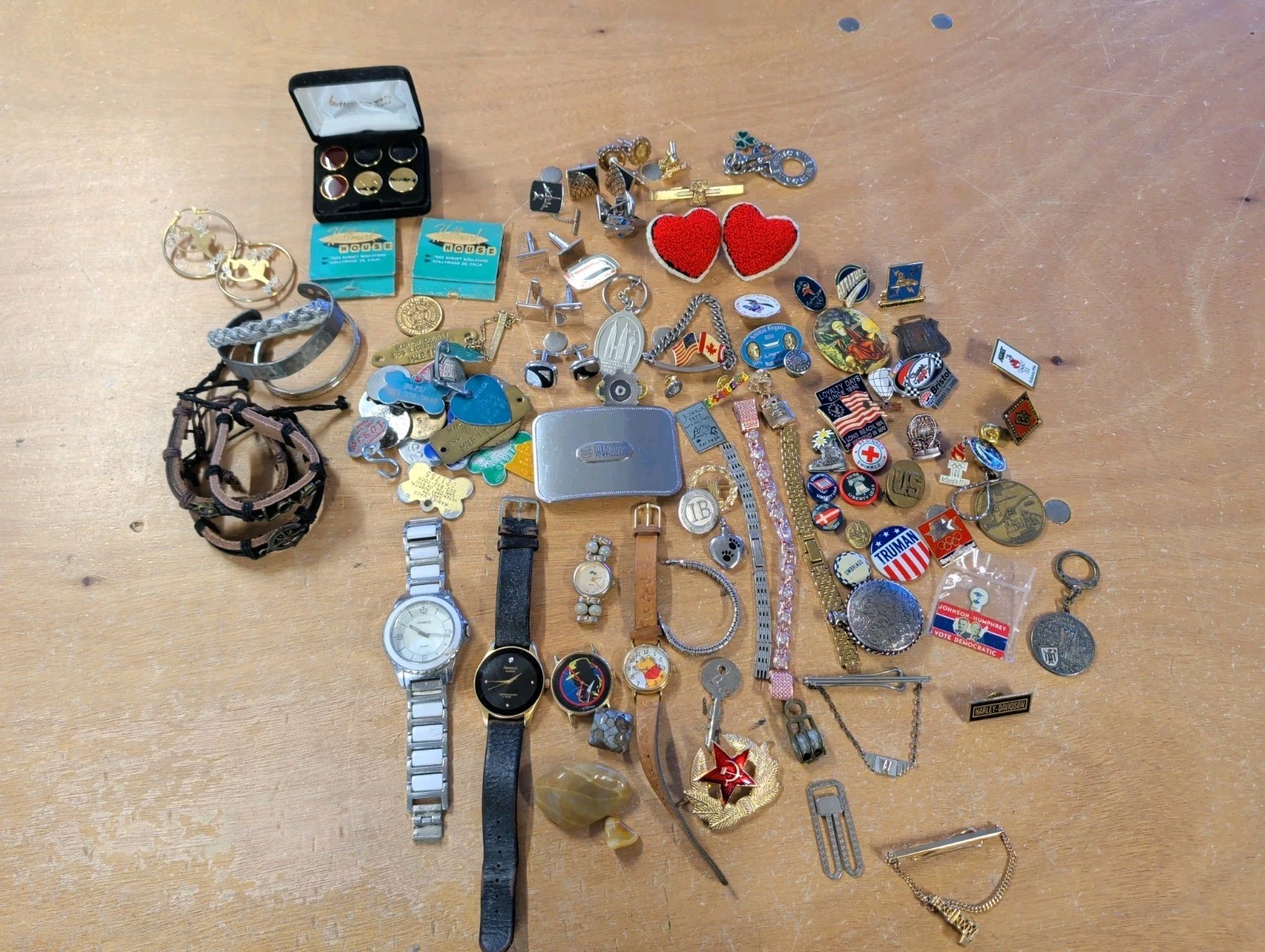 Grandma & Grandpa Junk Drawer Lot Watches Pins Cufflinks Advertising As Is M81