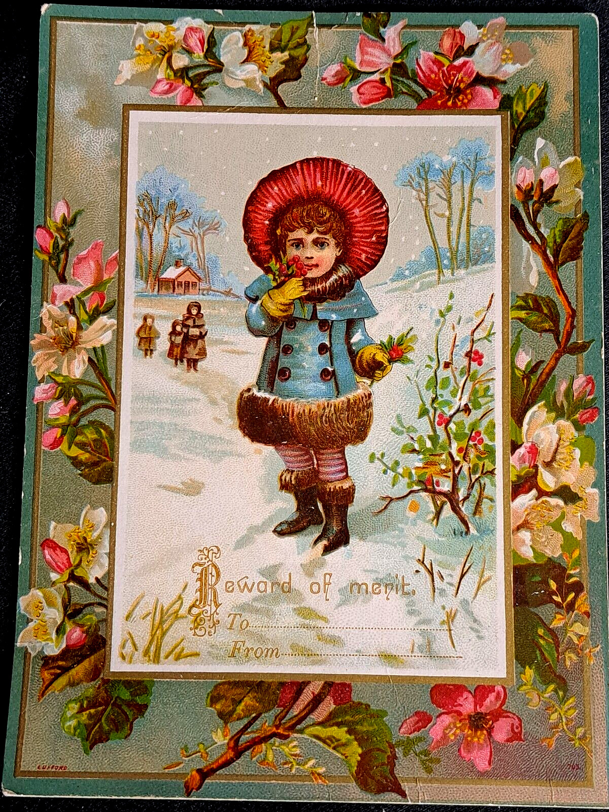 c1800s Antique Girl Winter Floral Reward Merit Card for School Student 6 c1800s Antique Girl Winter Floral Reward Merit Card for School Student 6