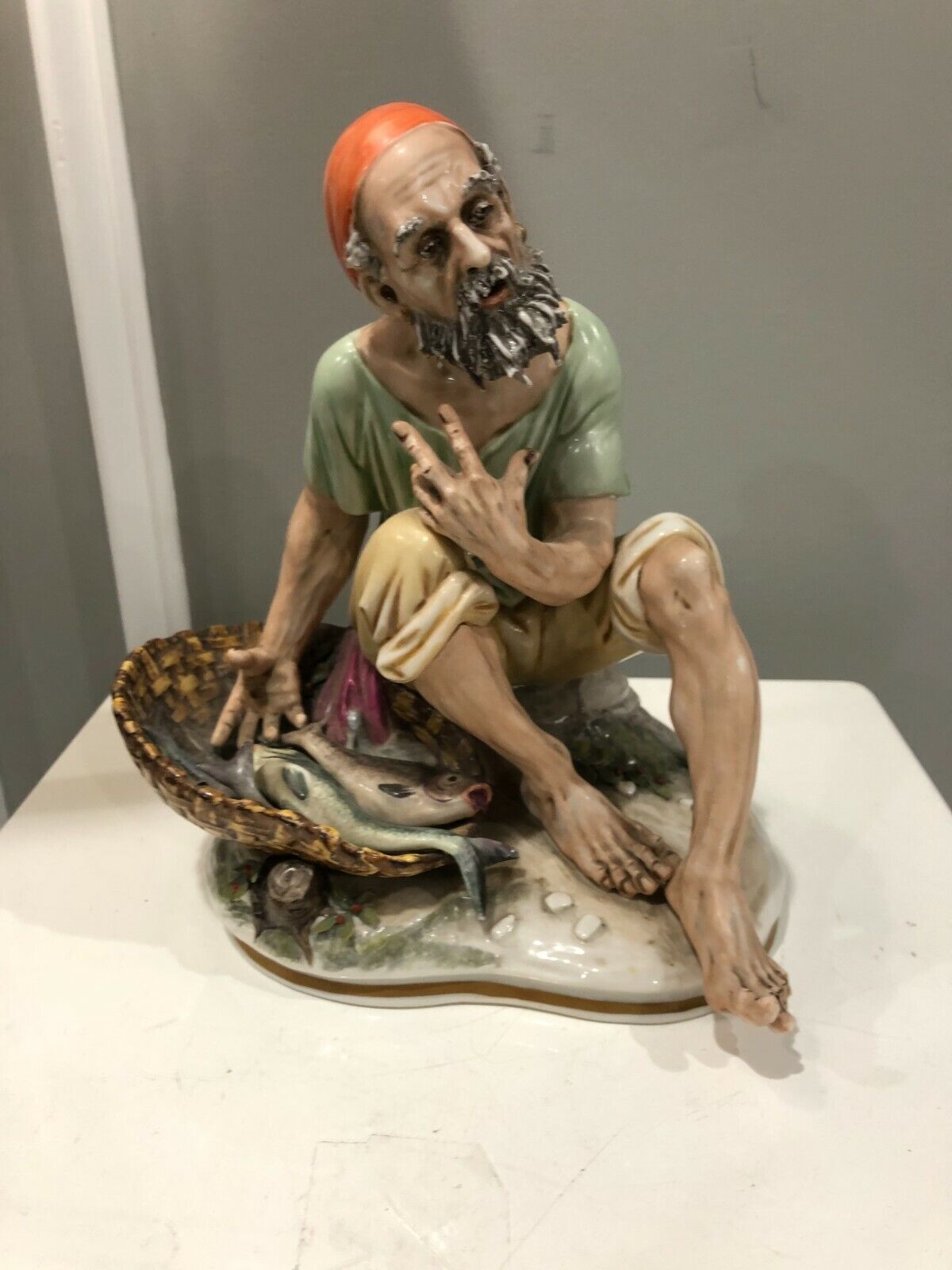 Capodimonte Porcelain Fisherman & Basket of Fish Figurine 10\
