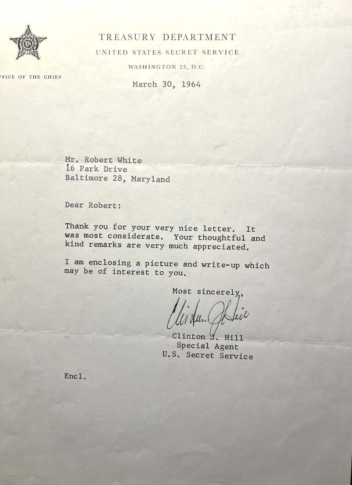 CLINT HILL SIGNED ORIG. 1964 LETTER TO RENOWNED JFK COLLECTOR ROBERT WHITE