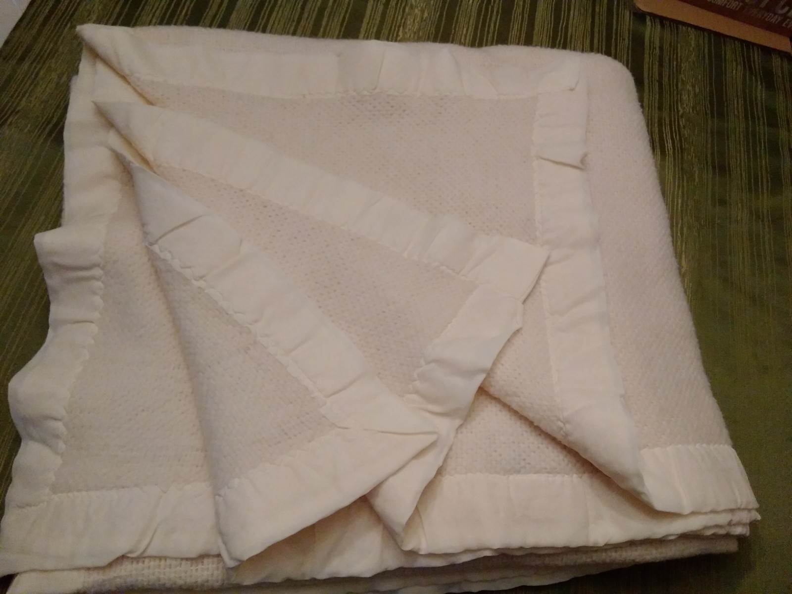 Vintage Faribo Blanket Ivory Acrylic Waffle Weave Satin Trim All Around 98x104 Vintage Faribo Blanket Ivory Acrylic Waffle Weave Satin Trim All Around 98x104