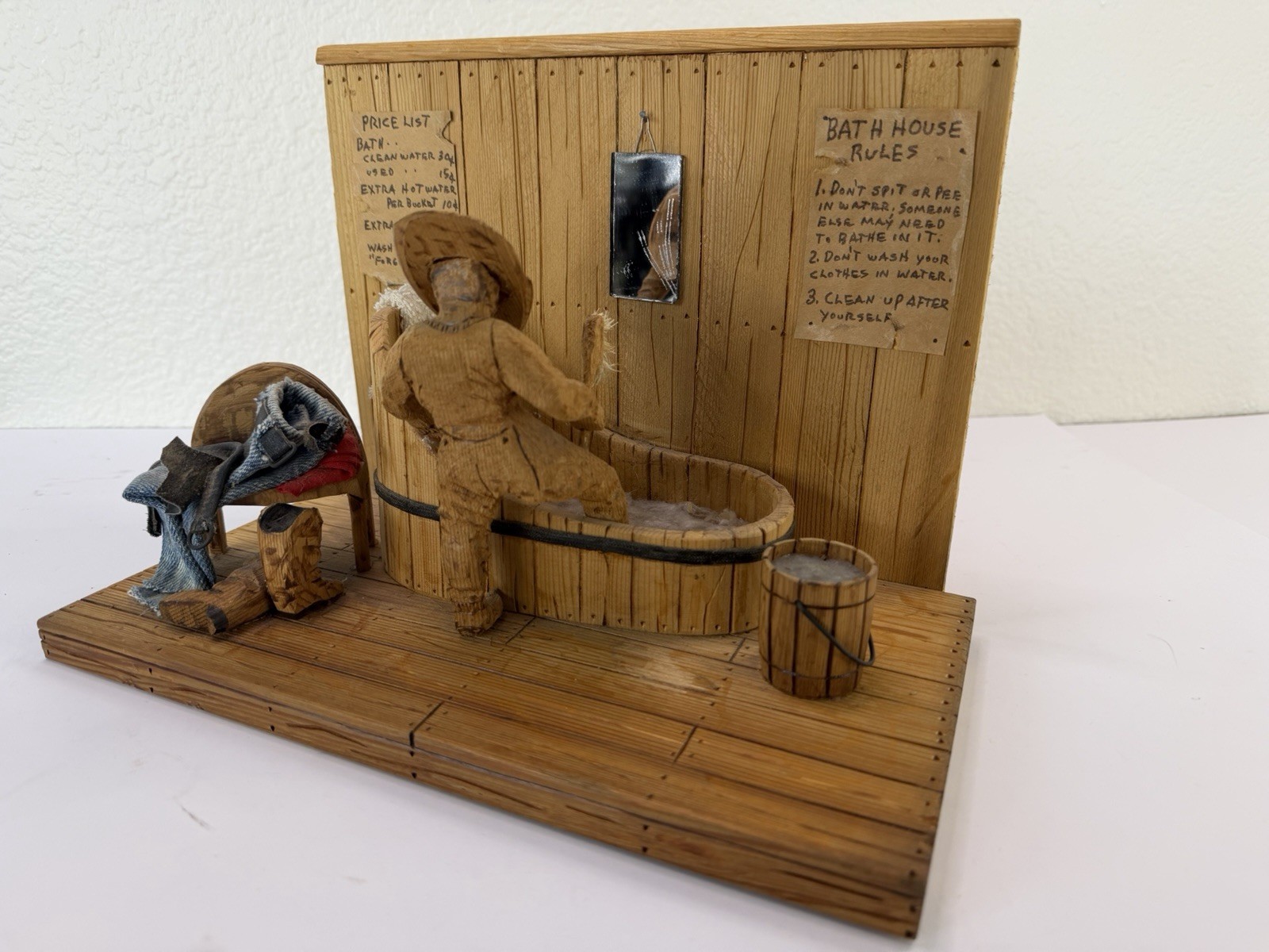 Vtg Folk Art Wood Diorama Cowboy Bath House Piggy Bank Hand Carved Signed OOAK